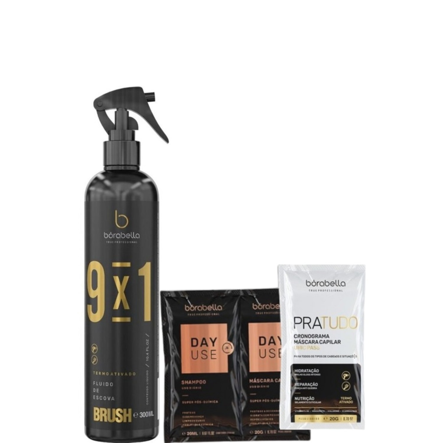 Kit Borabella 9x1 Brush + Sachês PraTudo DayUse (4 Produtos)