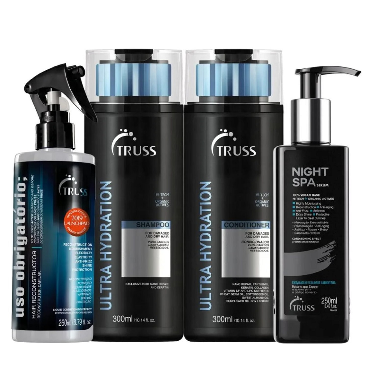 Kit Truss Ultra Hydration - Shampoo 300ml + Condicionador 300ml + Night Spa 250ml + Uso Obrigatório 260ml
