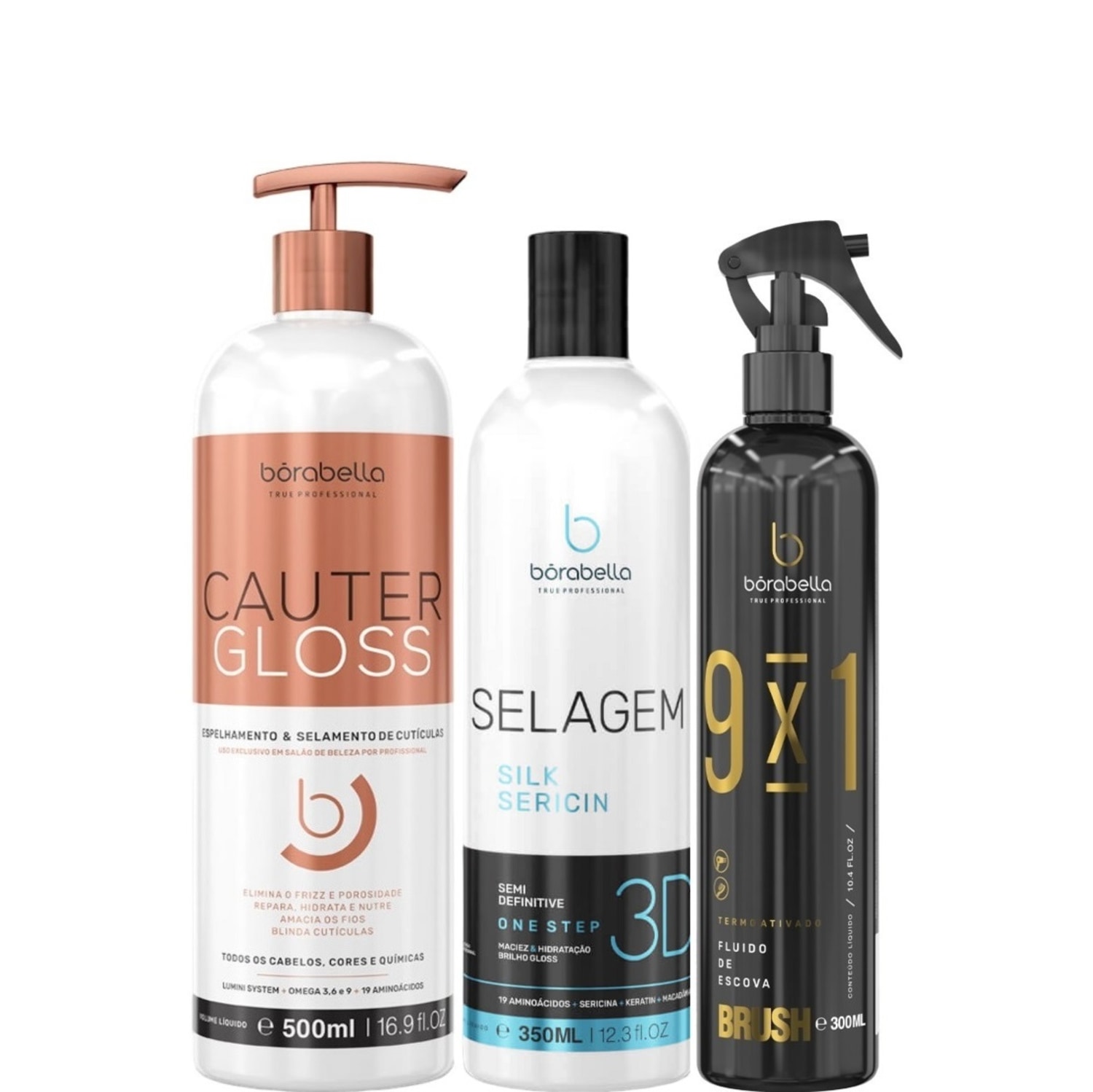 Kit Borabella Cauter Gloss + Selagem 3D + Fluido Brush (3 Produtos)