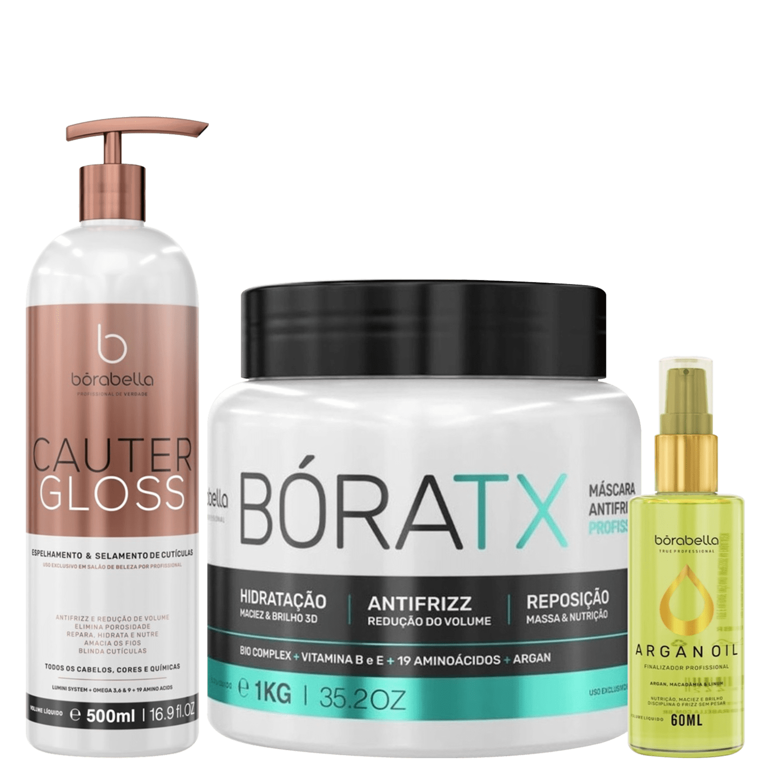 Kit Borabella Cauter Gloss + Bóratx + Óleo Argan (3 Produtos)