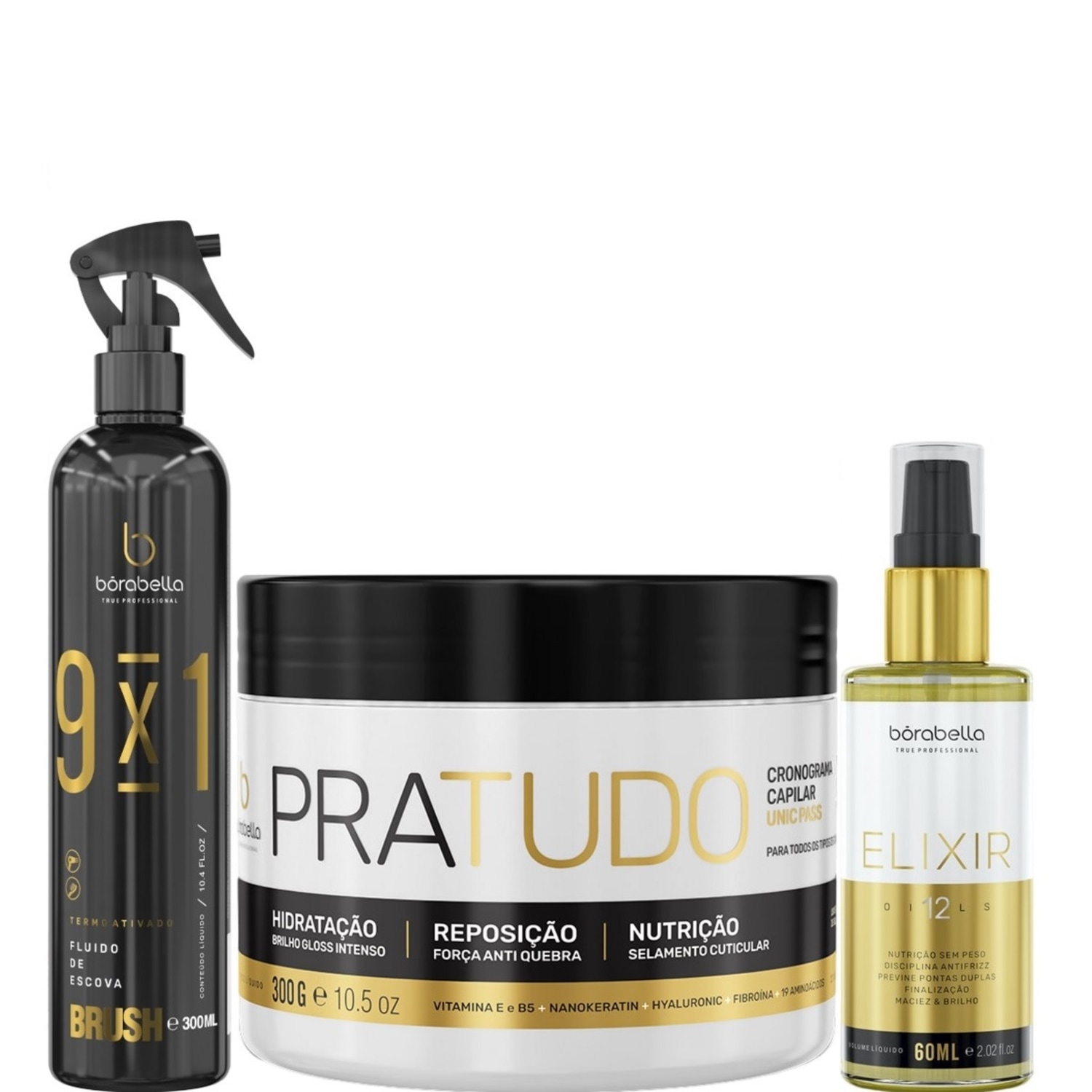 Kit Borabella Brush + PraTudo + Elixir (3 Produtos)