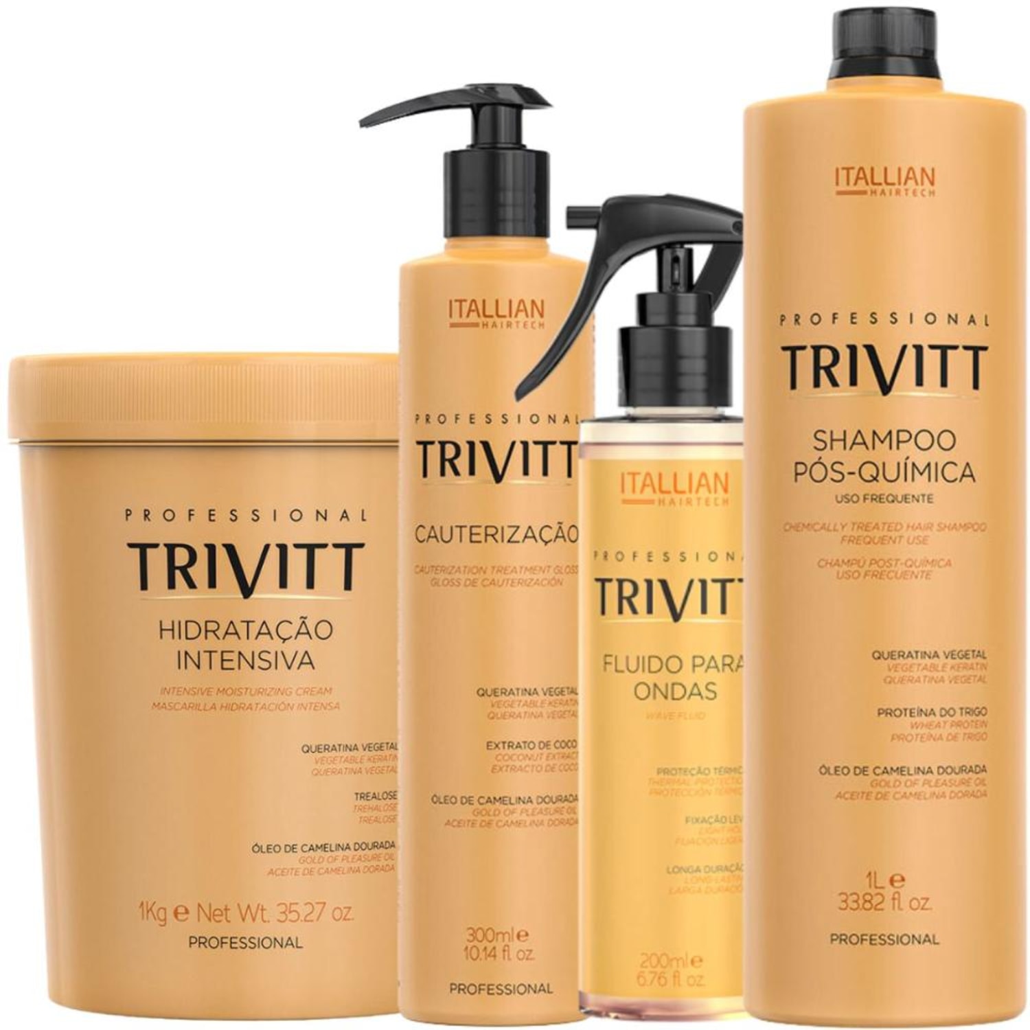 Trivitt Kit Cauterização 300ml + Fluído Para Ondas 200ml + Hidratação Intensiva 1kg + Shampoo Pós-Química Para Uso Frequente 1L