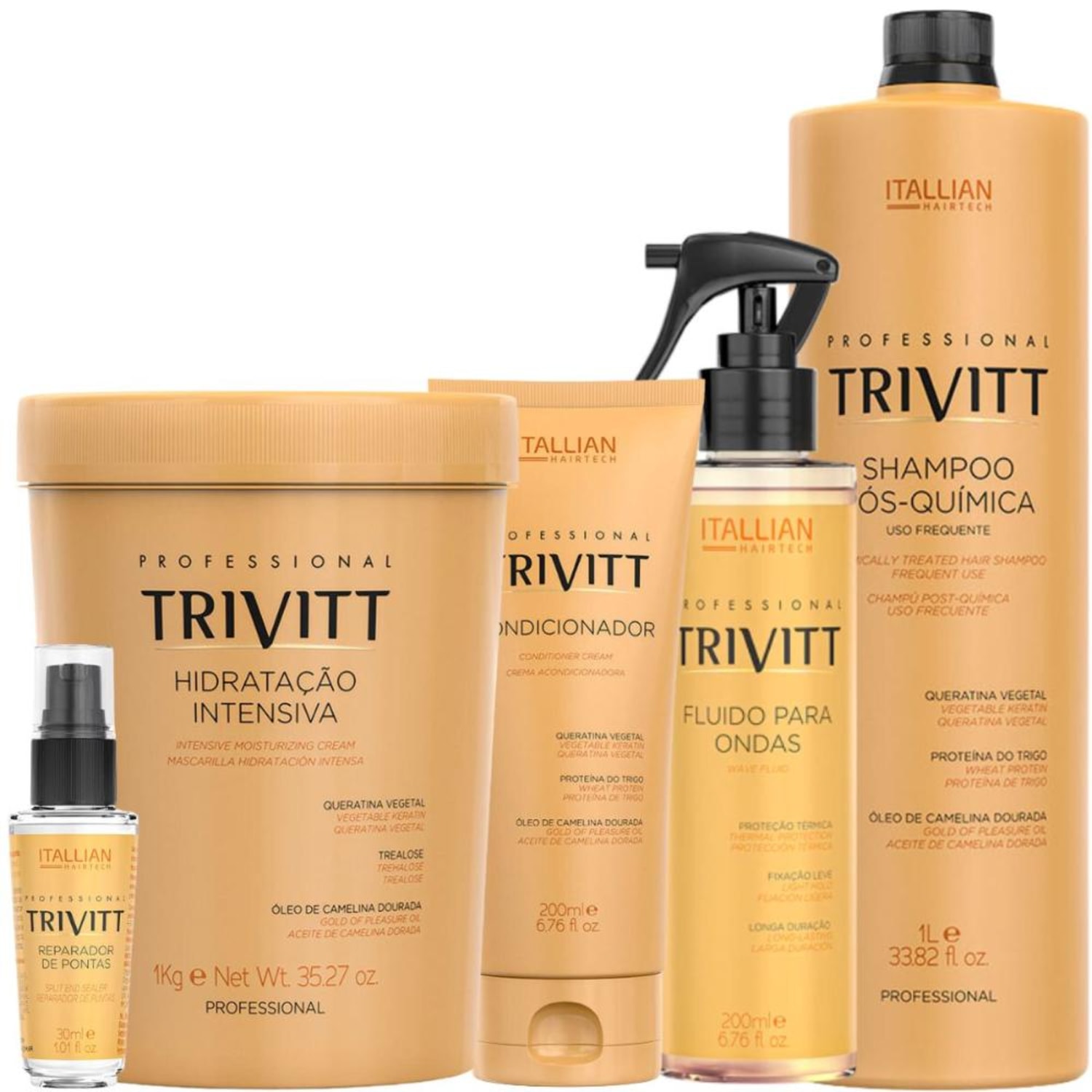Trivitt Kit Condicionador 200ml, Fluído Para Ondas 200ml, Hidratação Intensiva 1kg, Reparador De Pontas e Shampoo Pós-Química Para Uso Frequente 1L