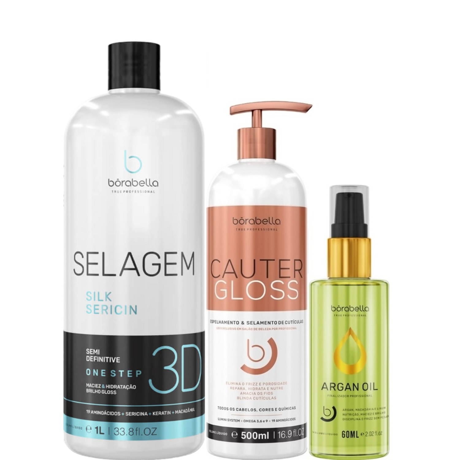 Kit Borabella Organic 3D Cauter Gloss Argan Oil (3 Produtos)