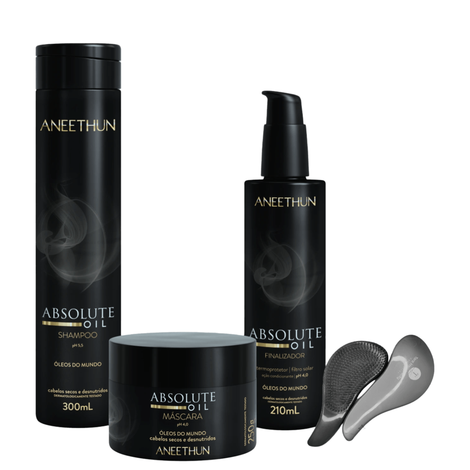 Kit Aneethun Shampoo,Máscara,Finalizador Absolute Oil+Escova