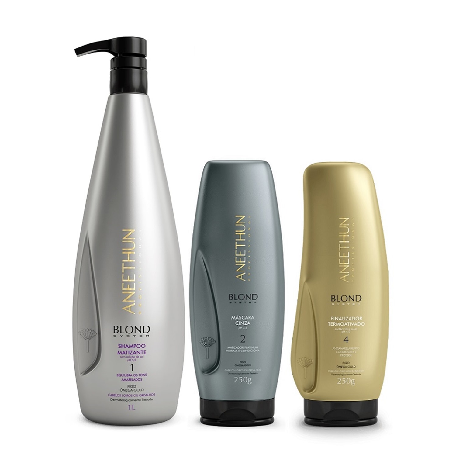 Kit Aneethun Blond System - Shampoo Matizante 1L + Máscara Cinza 250g + Finalizador Termoativado 250g