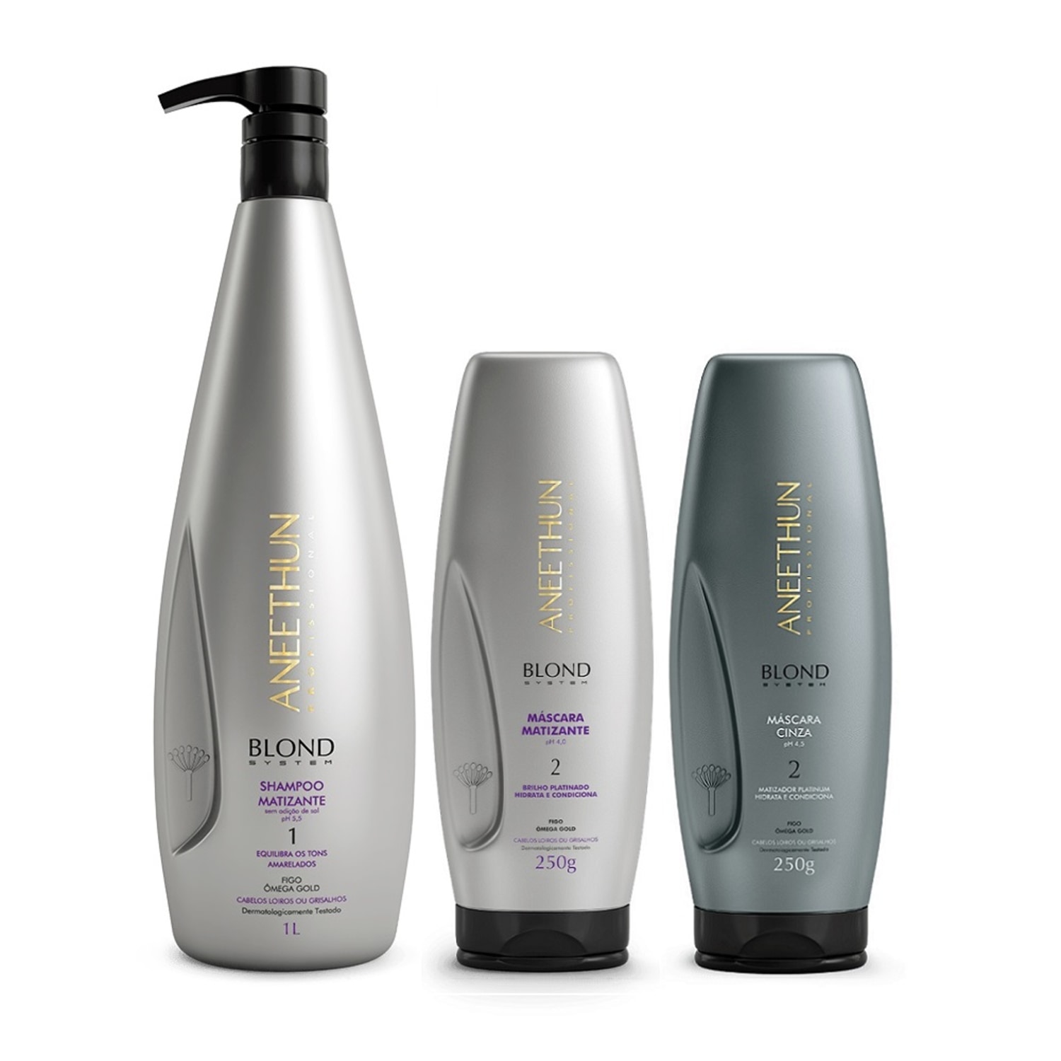 Kit Aneethun Blond System Shampoo Matizante 1L + Máscara Matizante 250g + Máscara Cinza 250g