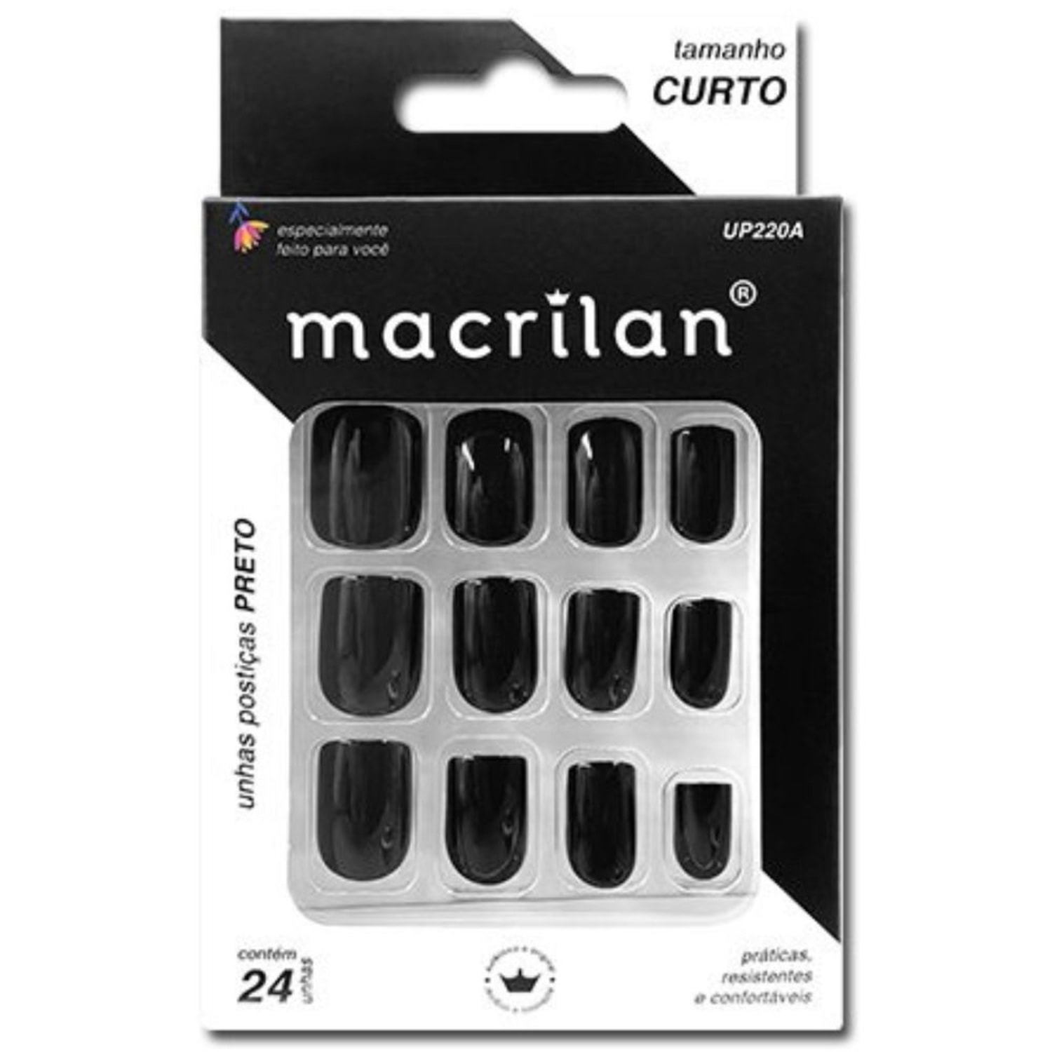 Macrilan UP220A Curto Preto - Unhas Postiças Autocolantes (24 Unidades)