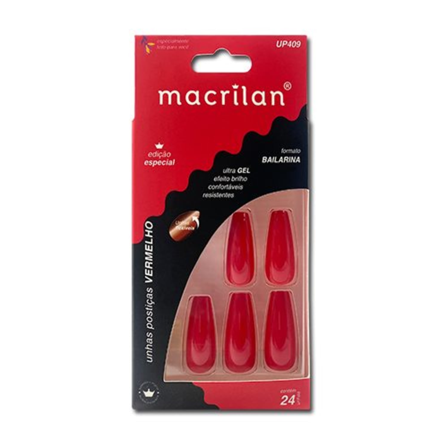 Macrilan UP409 Bailarina Vermelho - Unhas Postiças Autocolantes (24 Unidades)