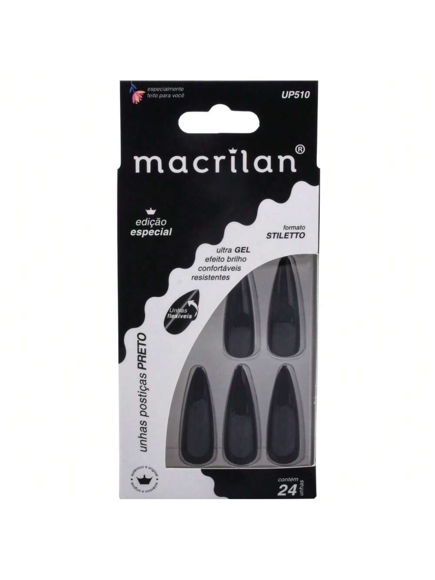 Unha postiça Stiletto Longa Preto - Macrilan - UP510