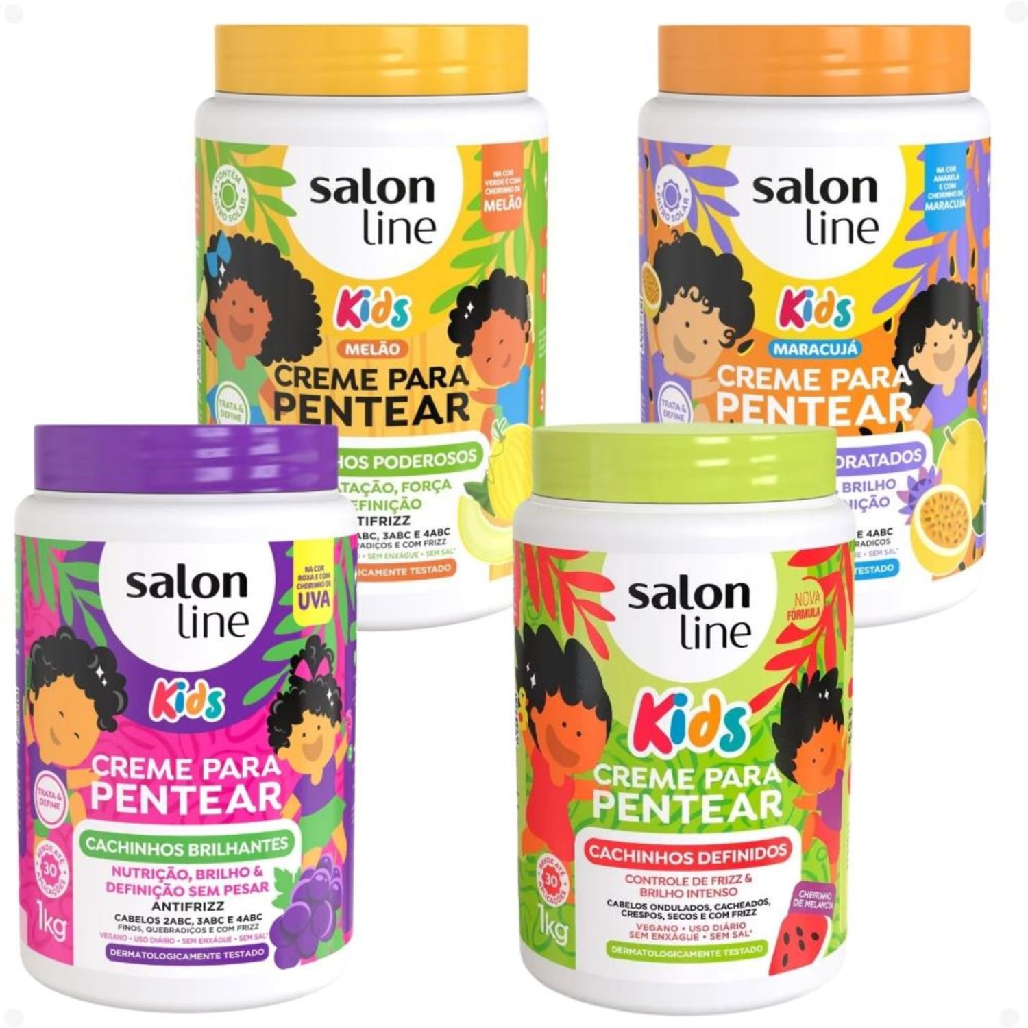 Kit Salon Line Kids 4 Cremes de Pentear: Melão, Maracujá, Uva e Melancia