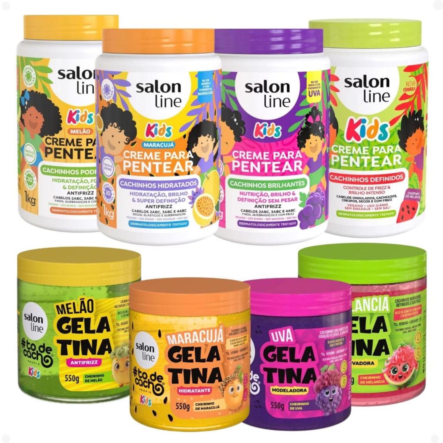 Kit Completo Salon Line Kids: 4 Cremes e 4 Gelatinas Melão, Maracujá, Uva e Melancia