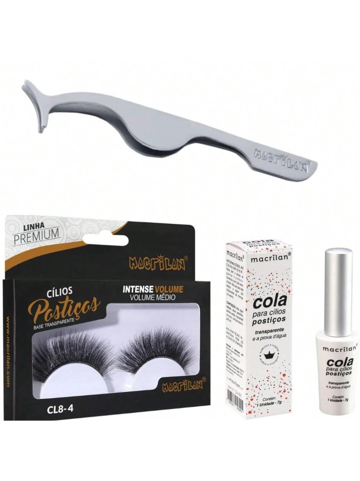 Combo Cílios Volume Médio + Pinça + Cola - Macrilan - CA-001 + CL8-4 + PI-11