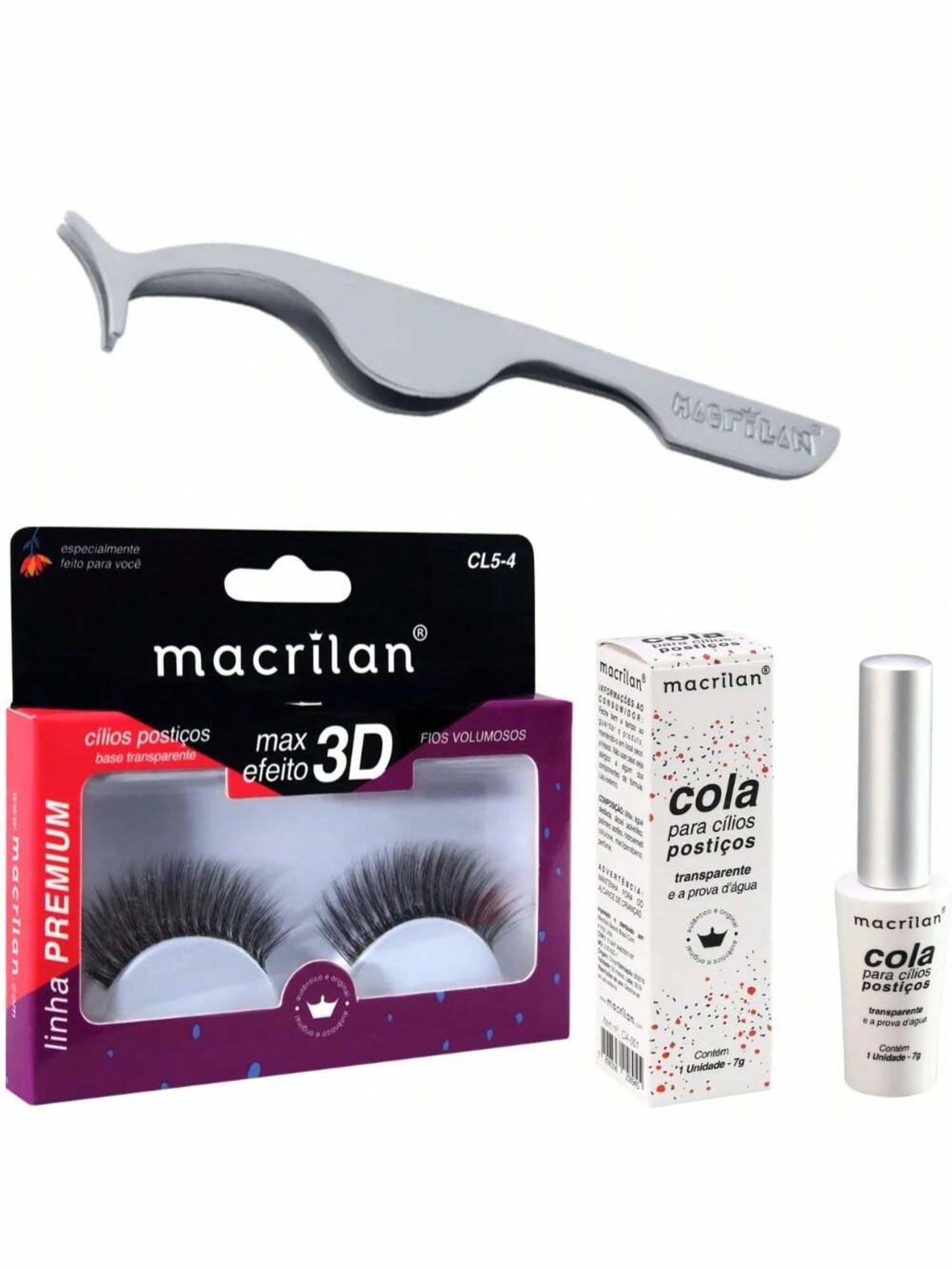 Combo Cílios Fios Volumosos + Pinça + Cola -Macrilan - Ca-001+CL5-4+PI-11
