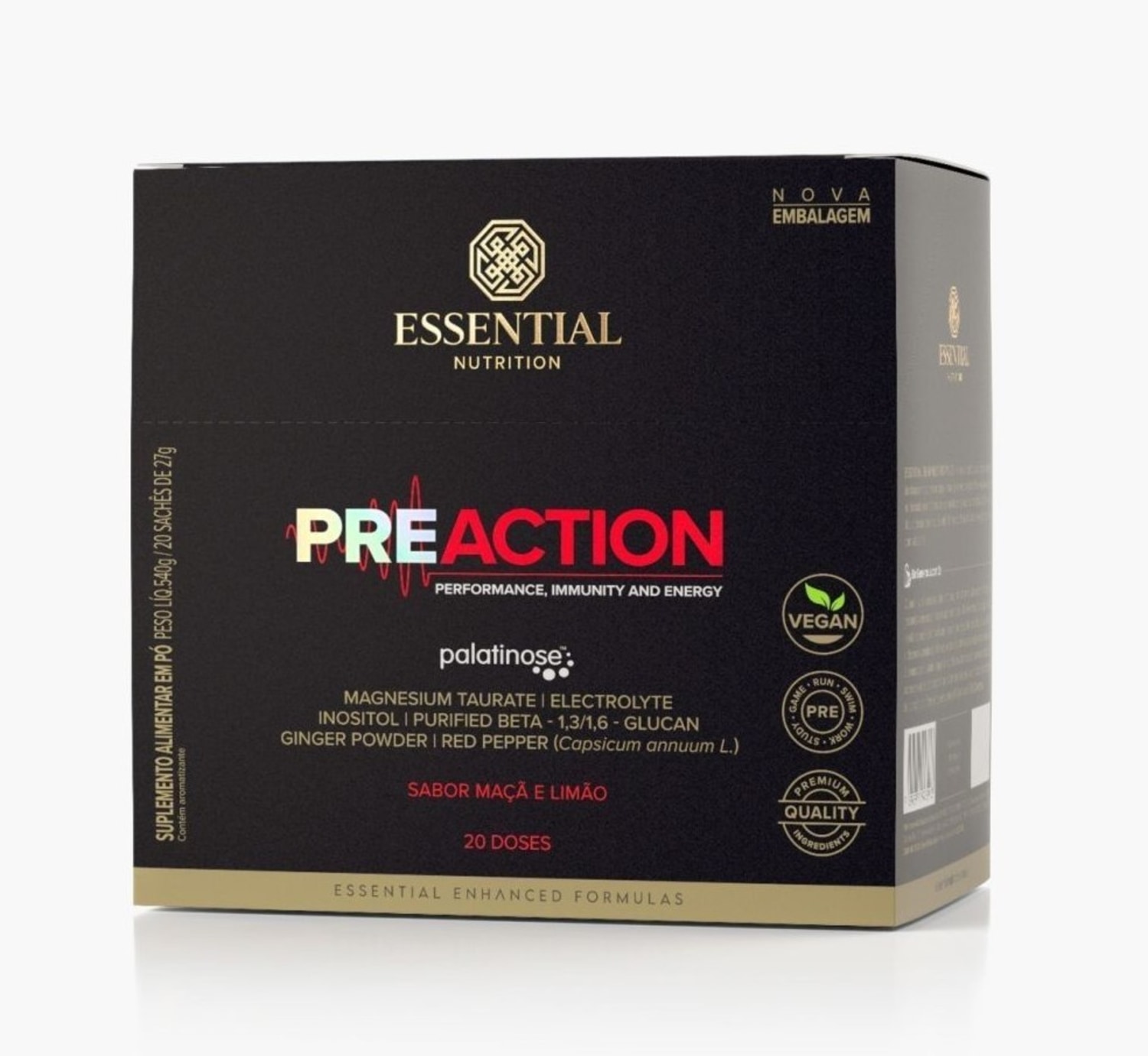Essential Nutrition Pre Action Maçã e Limão - Suplemento Alimentar (20 Sachês)