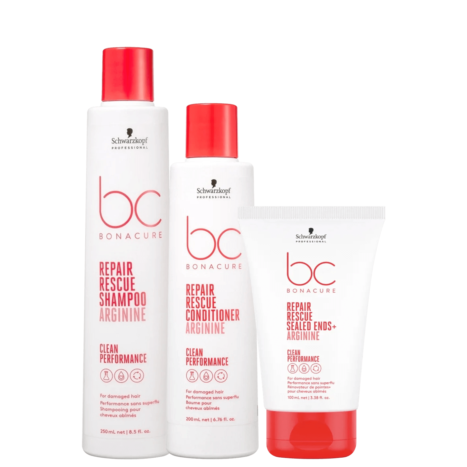 Kit BC Bonacure Schwarzkopf Repair Rescue - Shampoo 250ml + Condicionador 200ml + Sealed Ends 100ml