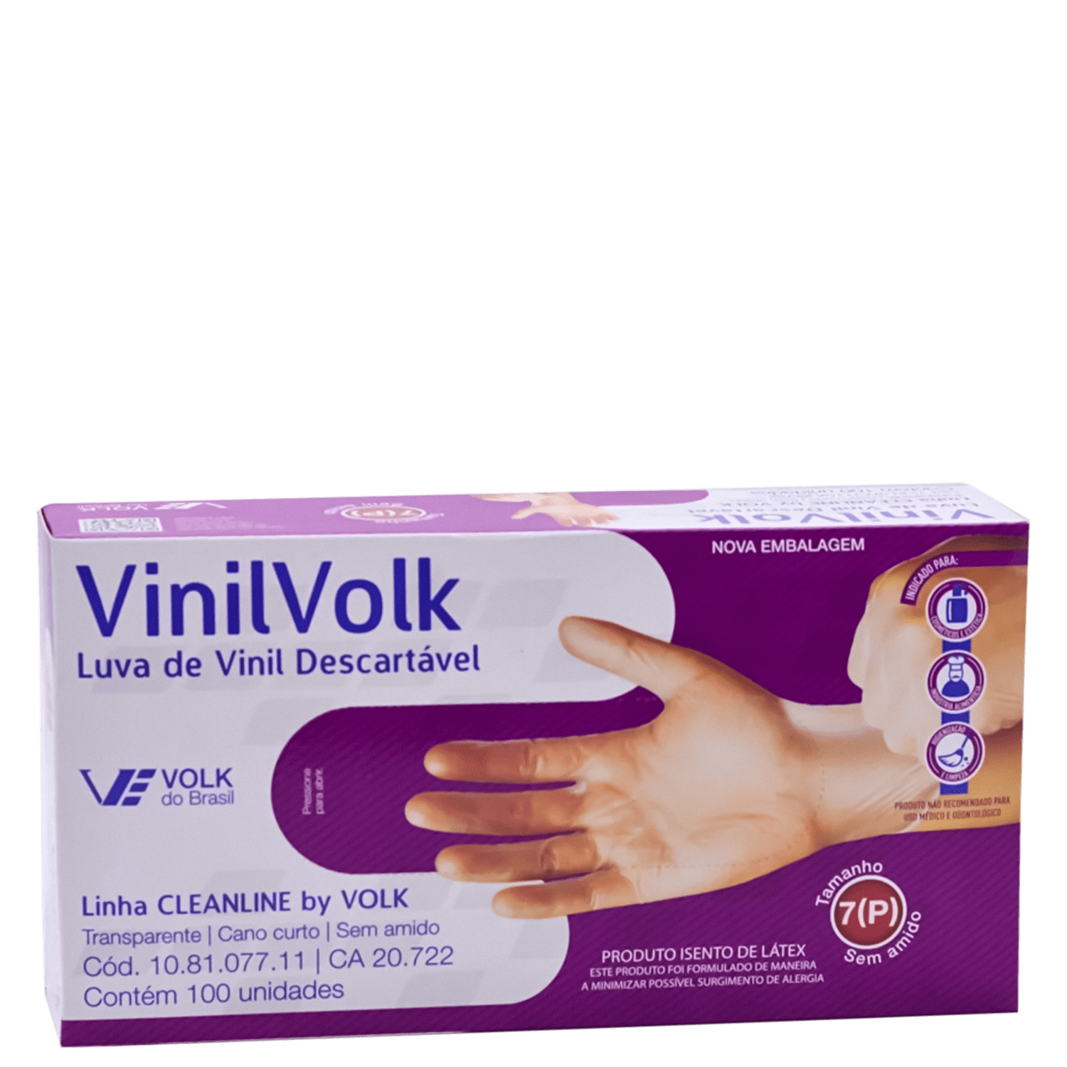 Kit Volk do Brasil Vinil Volk Sem Amido P - Luva Descartável (100 Unidades)