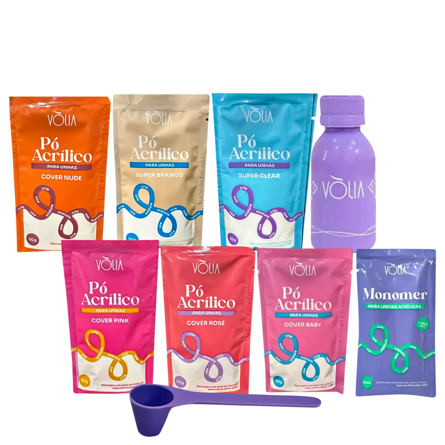Kit Completo 6 Pó Acrílicos + Monomer + Frasco + Dosador Volia