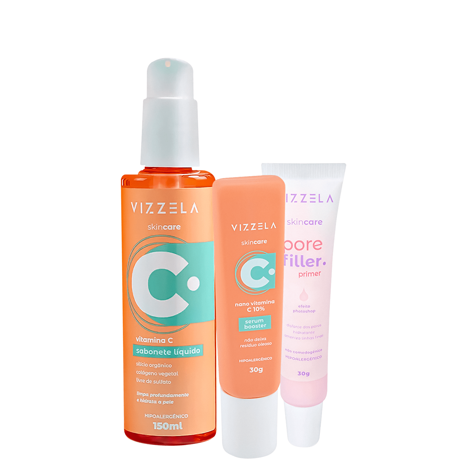 Kit Vizzela Vitamina C Booster Pore Filler Sabonete Sérum Primer (3 produtos)
