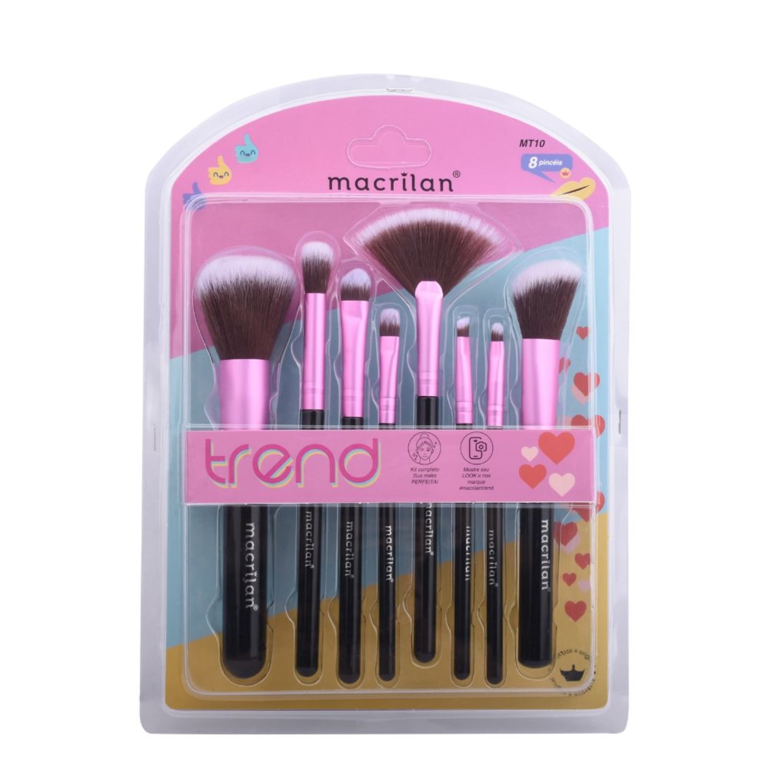 Kit com 8 Pinceis para Maquiagem Macrilan Trend - MT10 - Rosa
