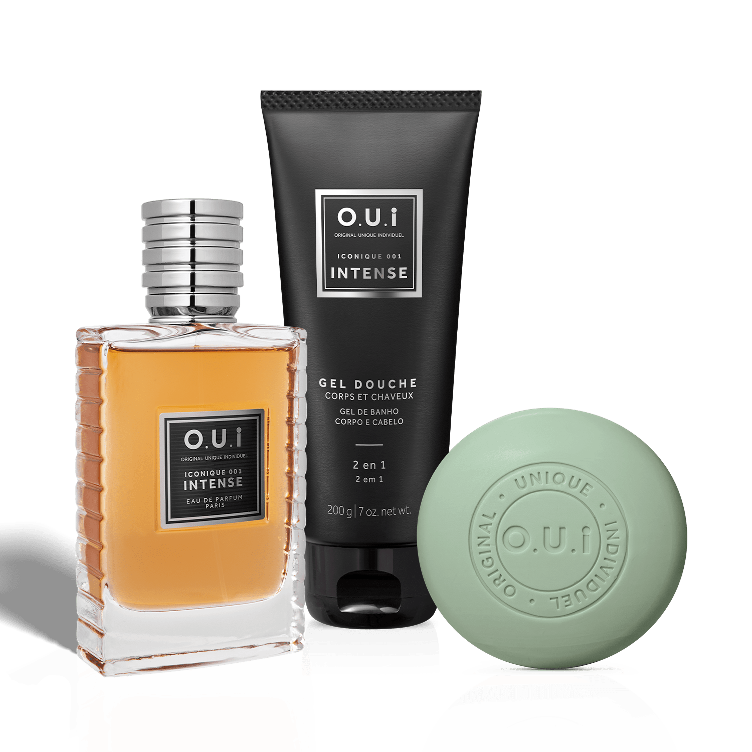 Combo Iconique 001 Intense: Eau De Parfum 75ml+ Shower Gel 200g + Sabonete de Barbear Savon Barbe 90g