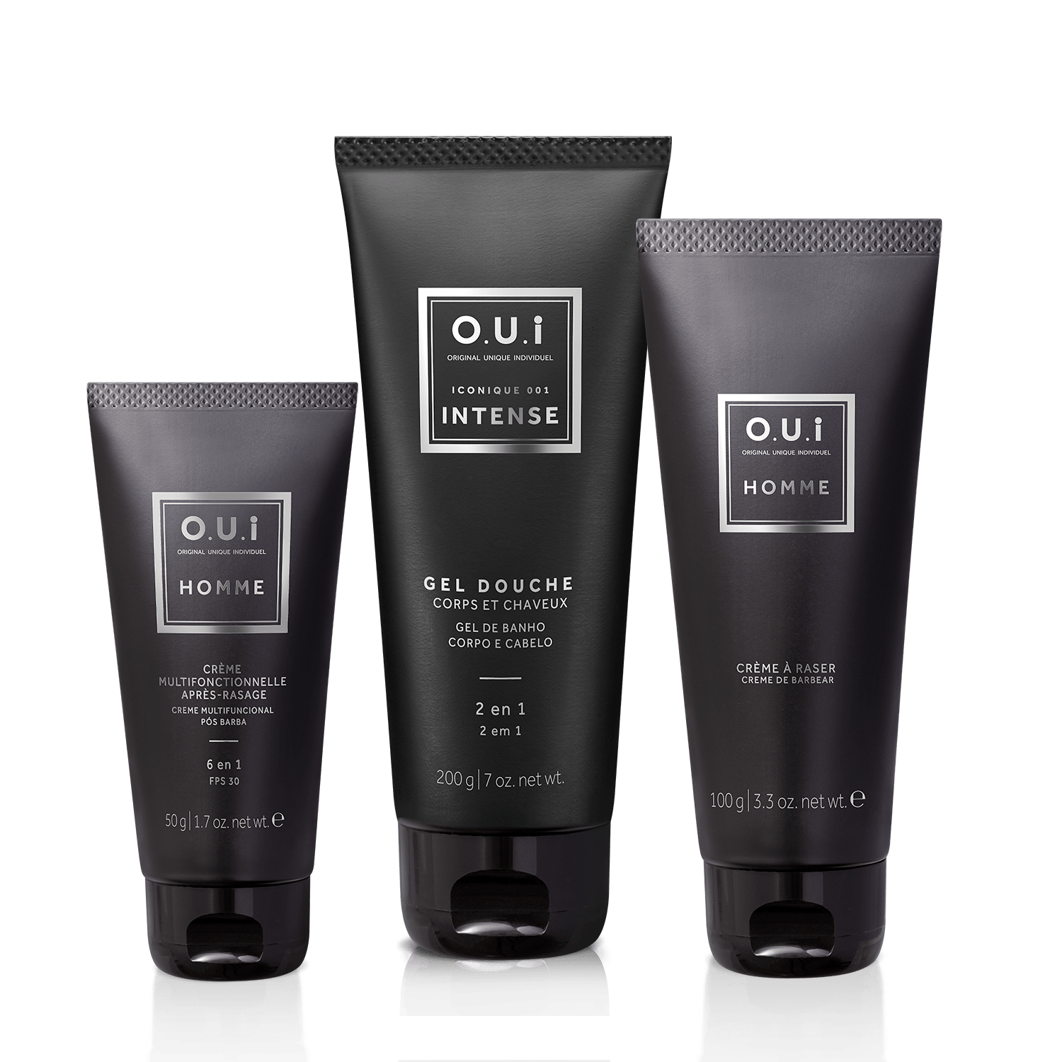 Combo Gel de Banho Iconique 001 Intense 200g + Creme de Barbear Homme 100g + Creme Multifuncional Pós-Barba Homme 50g