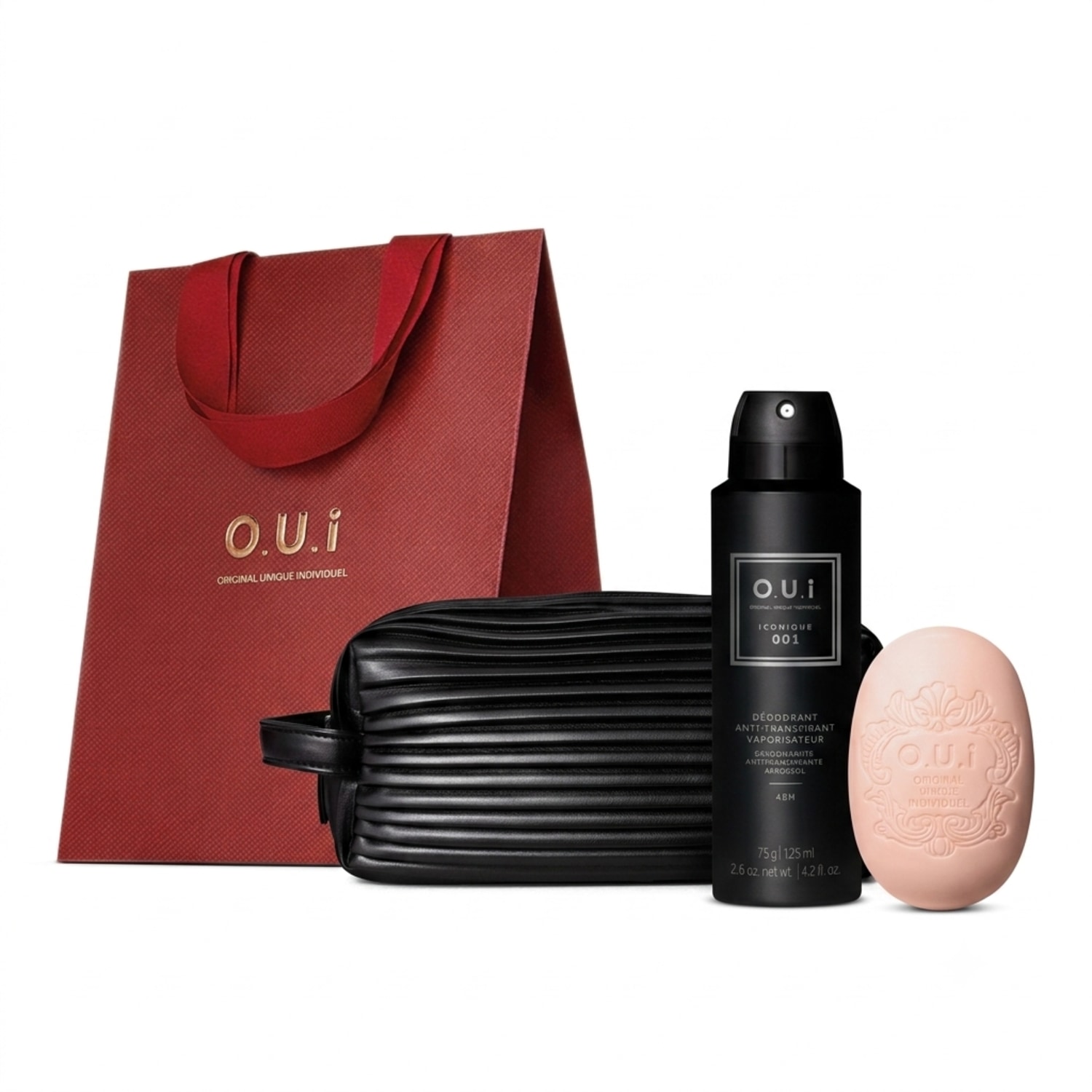 Combo O.U.i Iconique 001: Sabonete em Barra 90g + Desodorante Antitranspirante Aerossol 125ml + Nécessaire Preto + Caixa de Presente
