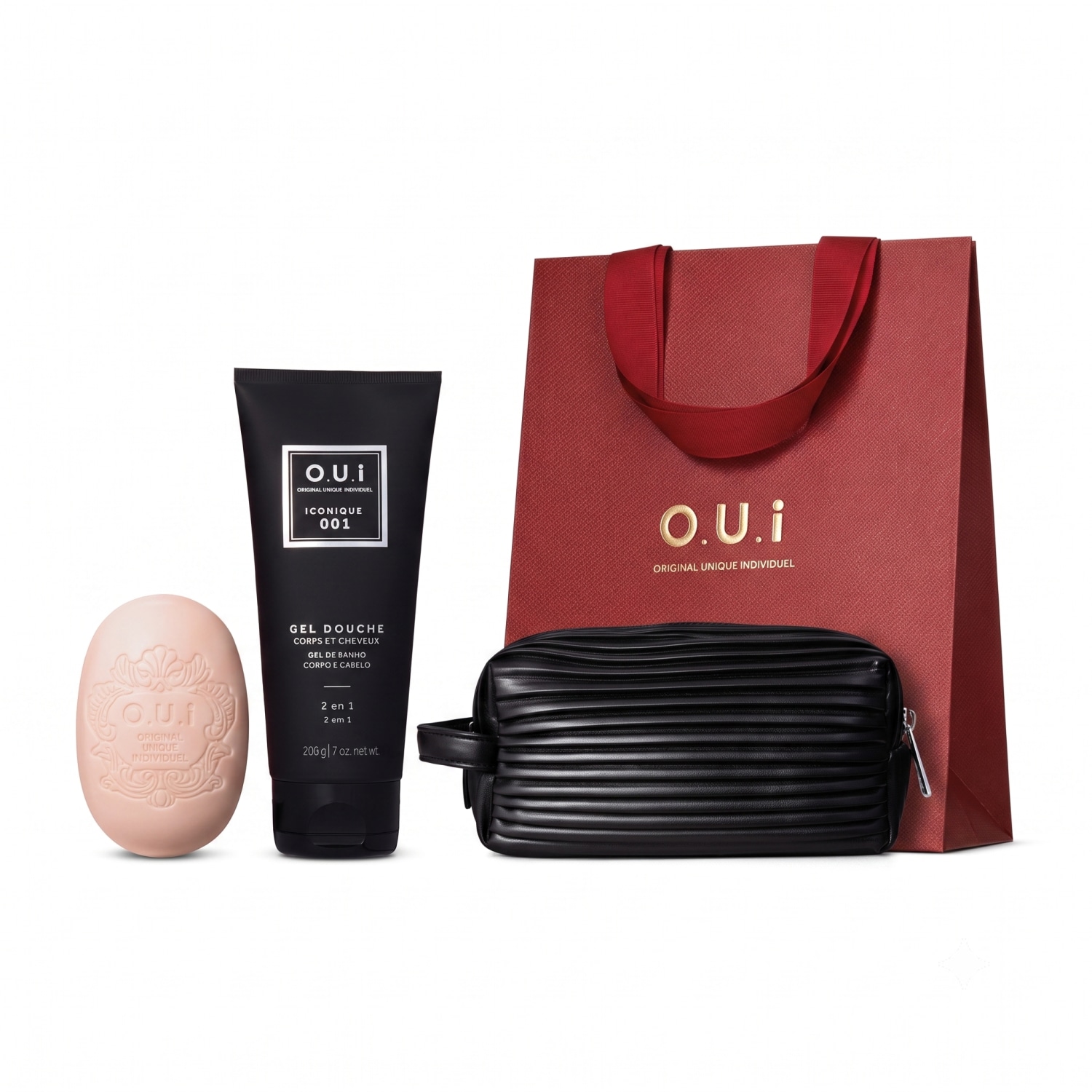 Combo O.U.i Iconique 001: Gel de Banho 2 em 1 200ml + Sabonete em Barra 90g + Nécessaire Preto + Sacola de Presente
