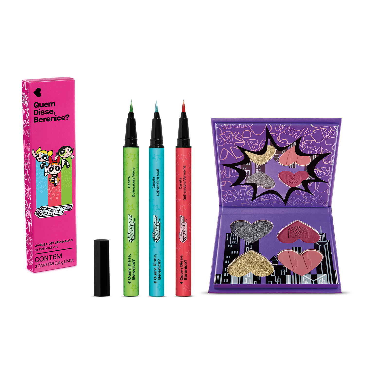 Combo Olhar Poderoso QDB As Meninas Superpoderosas: Mini Paleta de Sombras 4g + 3 Canetas Delineadoras 0,4g cada