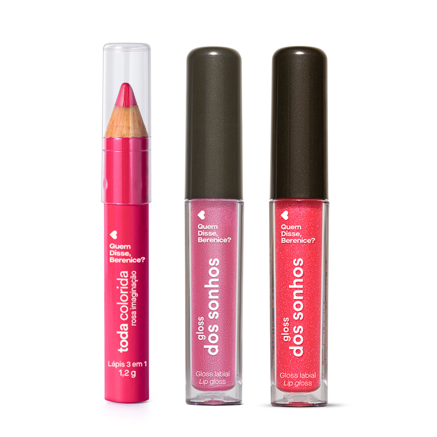 Combo Pink Quem Disse, Berenice?: Gloss Labial Rosadex 4ml + Gloss Labial Cerejex + Lápis Labial Multifuncional 1,2g > Combo Pink Quem Disse, Berenice?: Gloss Labial Rosadex 4ml + Gloss Labial Cerejex + Lápis Labial Multifuncional 1,2g