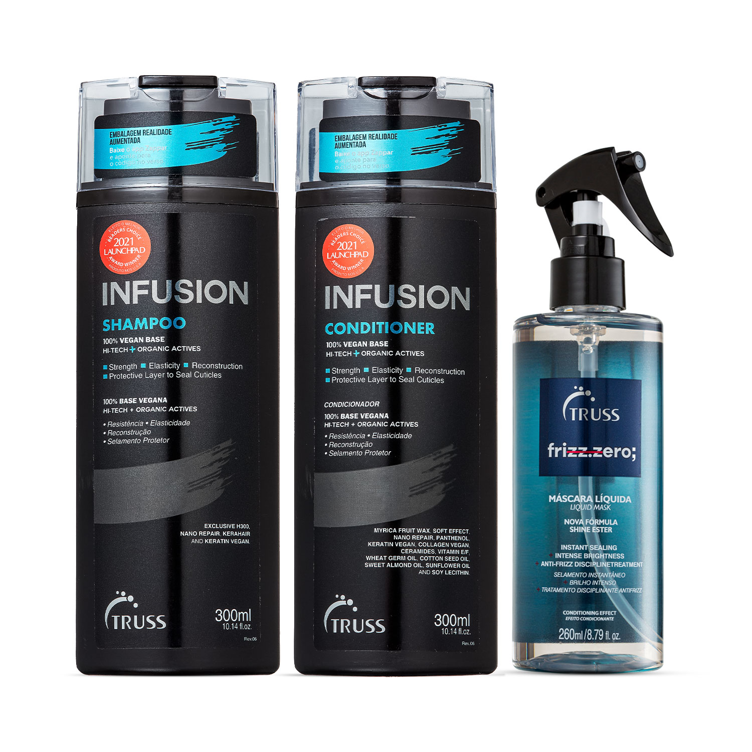 Combo Infusion FRIZZ ZERO: Shampoo 300ml + Condicionador 300ml + Máscara Líquida FRIZZ ZERO 260ml