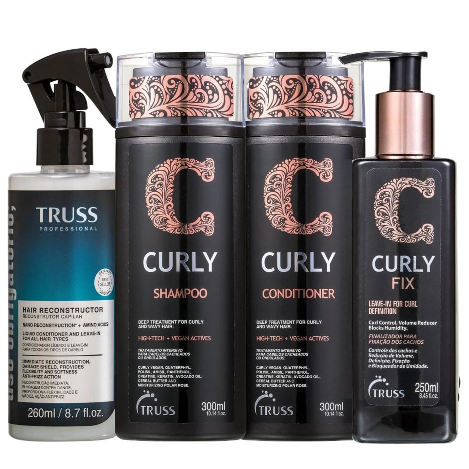 Kit Truss Curly - Shampoo 300ml + Condicionador 300ml + Leave-in Fix 250ml + Uso Obrigatório 260ml