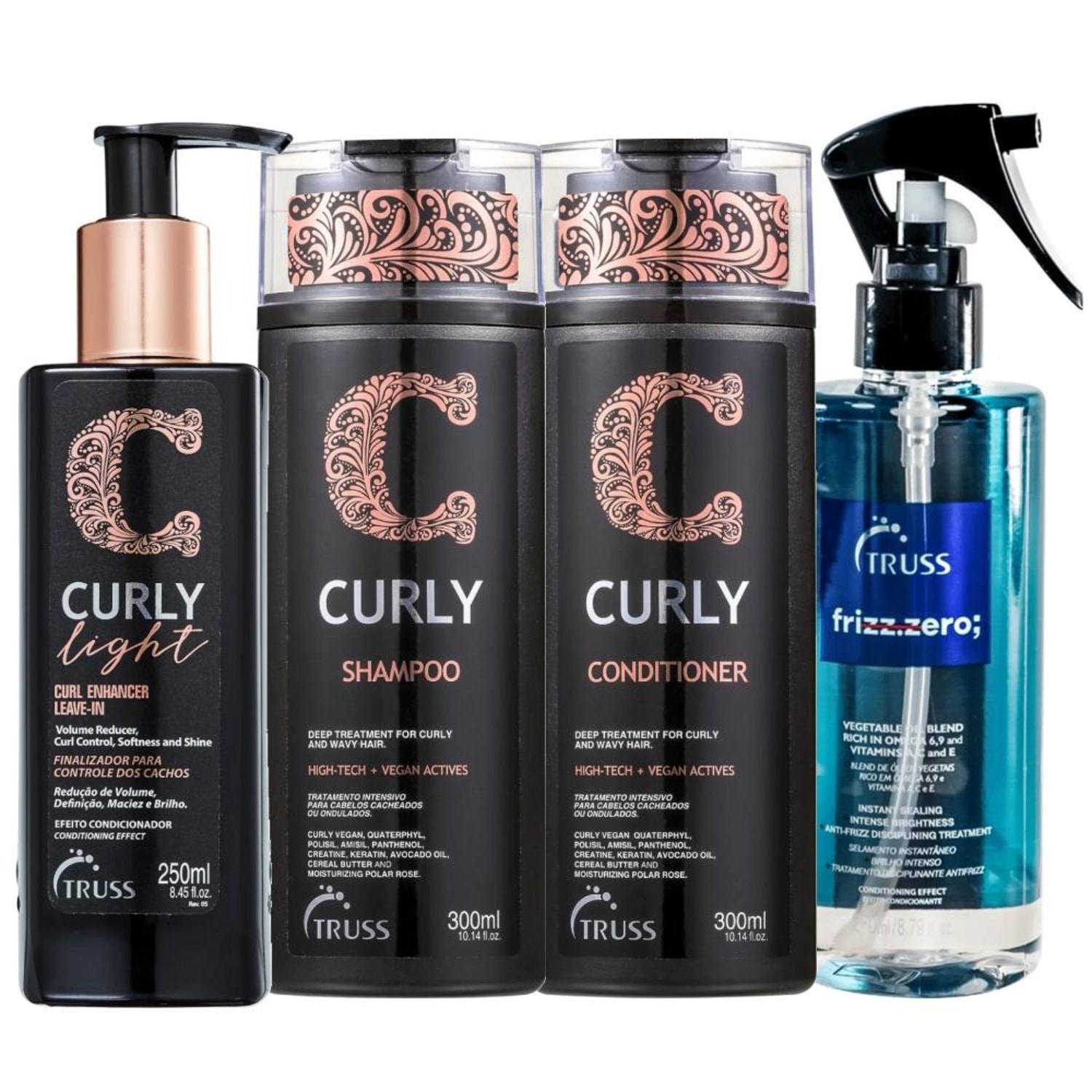 Kit Truss Curly - Shampoo 300ml + Condicionador 300ml + Leave-in Light 250ml + Frizz Zero 260ml