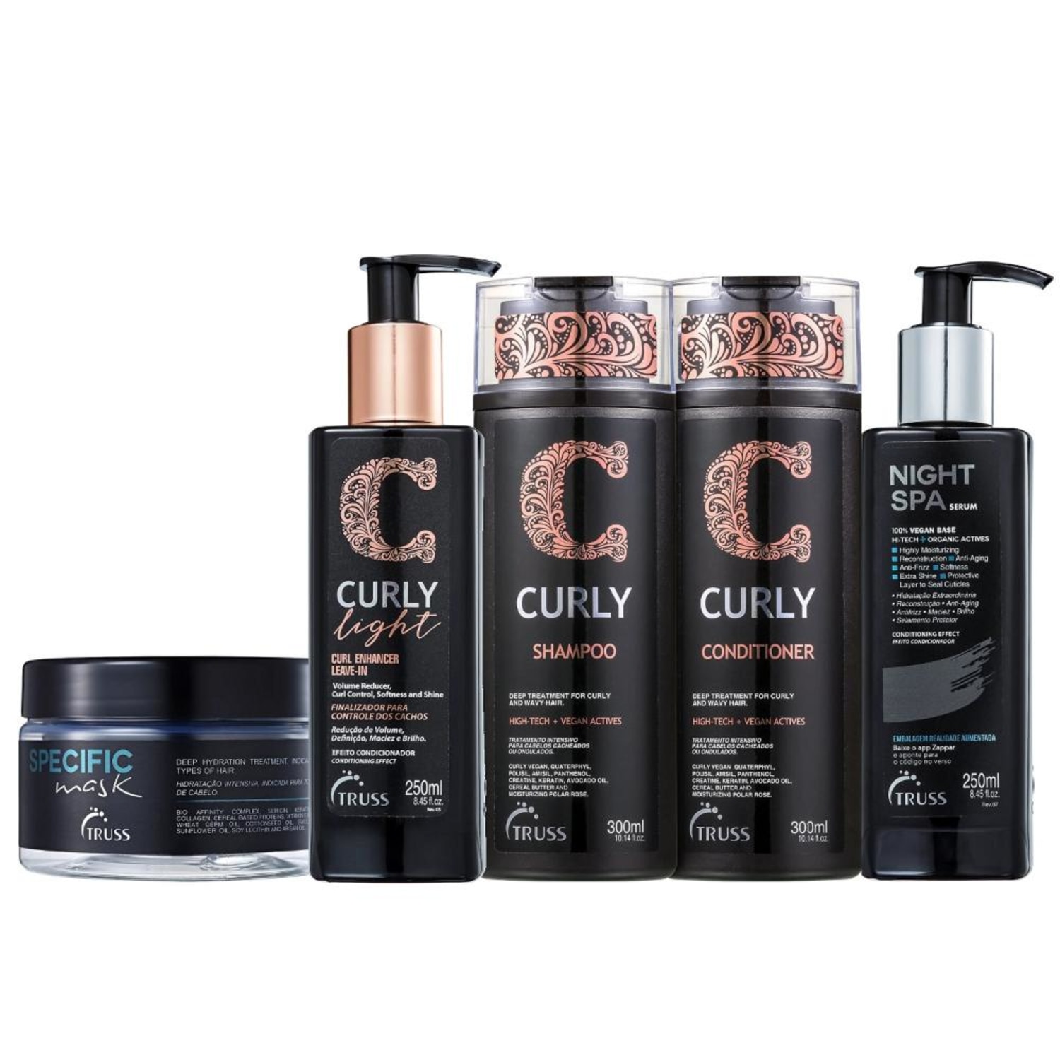 Kit Truss Curly - Shampoo 300ml + Condicionador 300ml + Leave-In Light 250ml + Night Spa 250ml + Máscara Specific 180g
