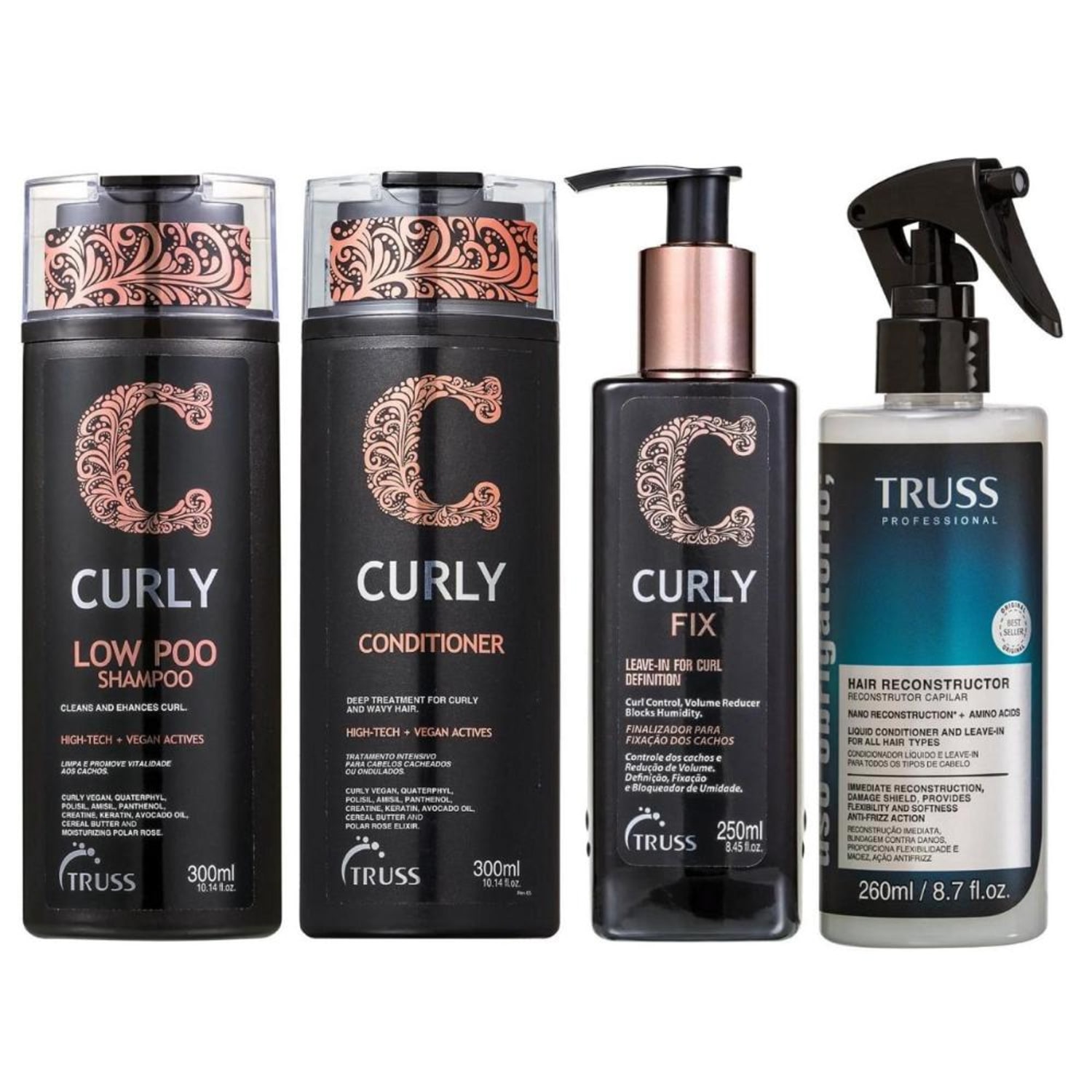 Kit Truss Curly - Shampoo Low-Poo 300ml + Condicionador 300ml + Leave-In Fix 250ml + Uso Obrigatório 260ml