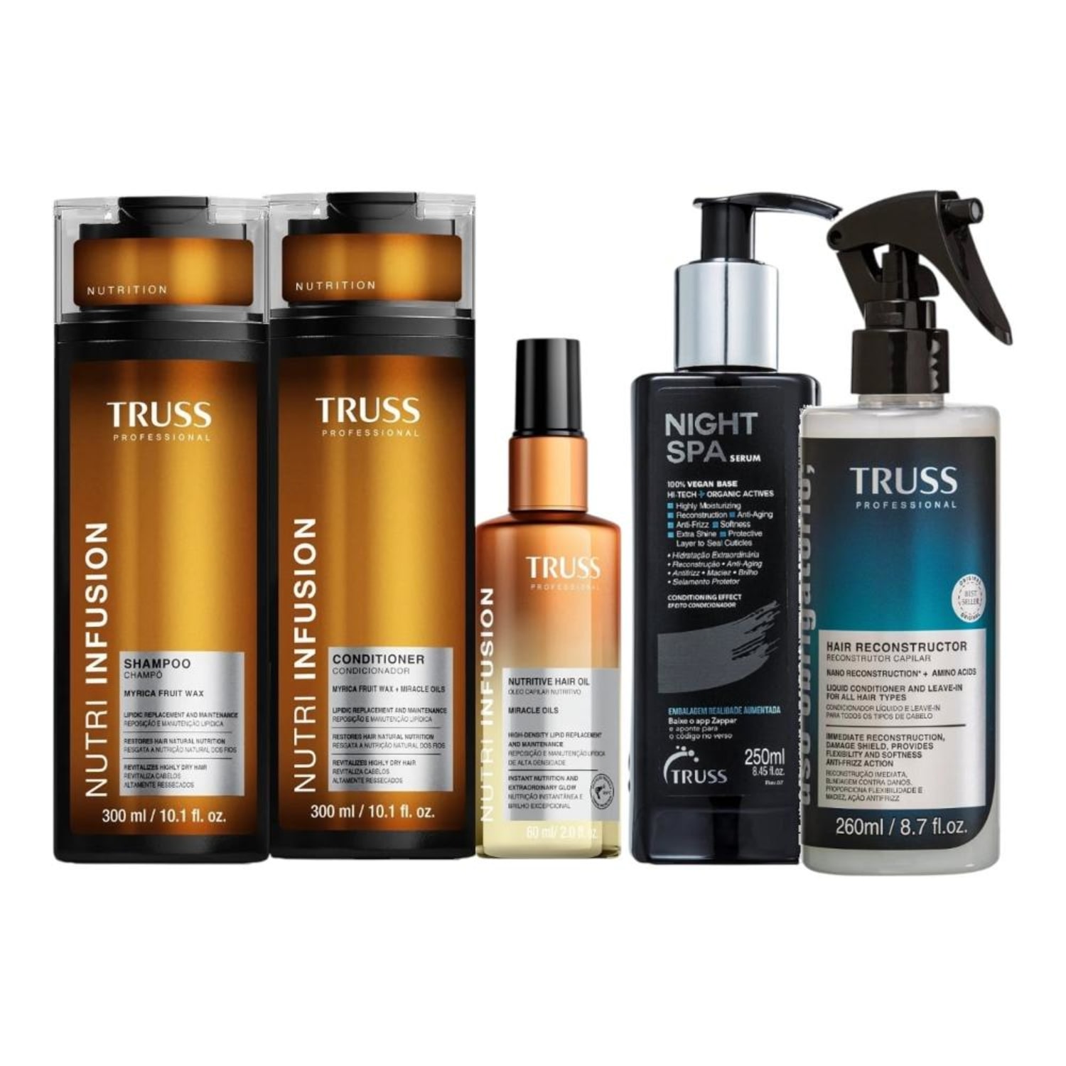 Kit Truss Nutri Infusion - Shampoo 300ml + Condicionador 300ml + Óleo 60ml + Night Spa 250ml + Uso Obrigatório Spray 260