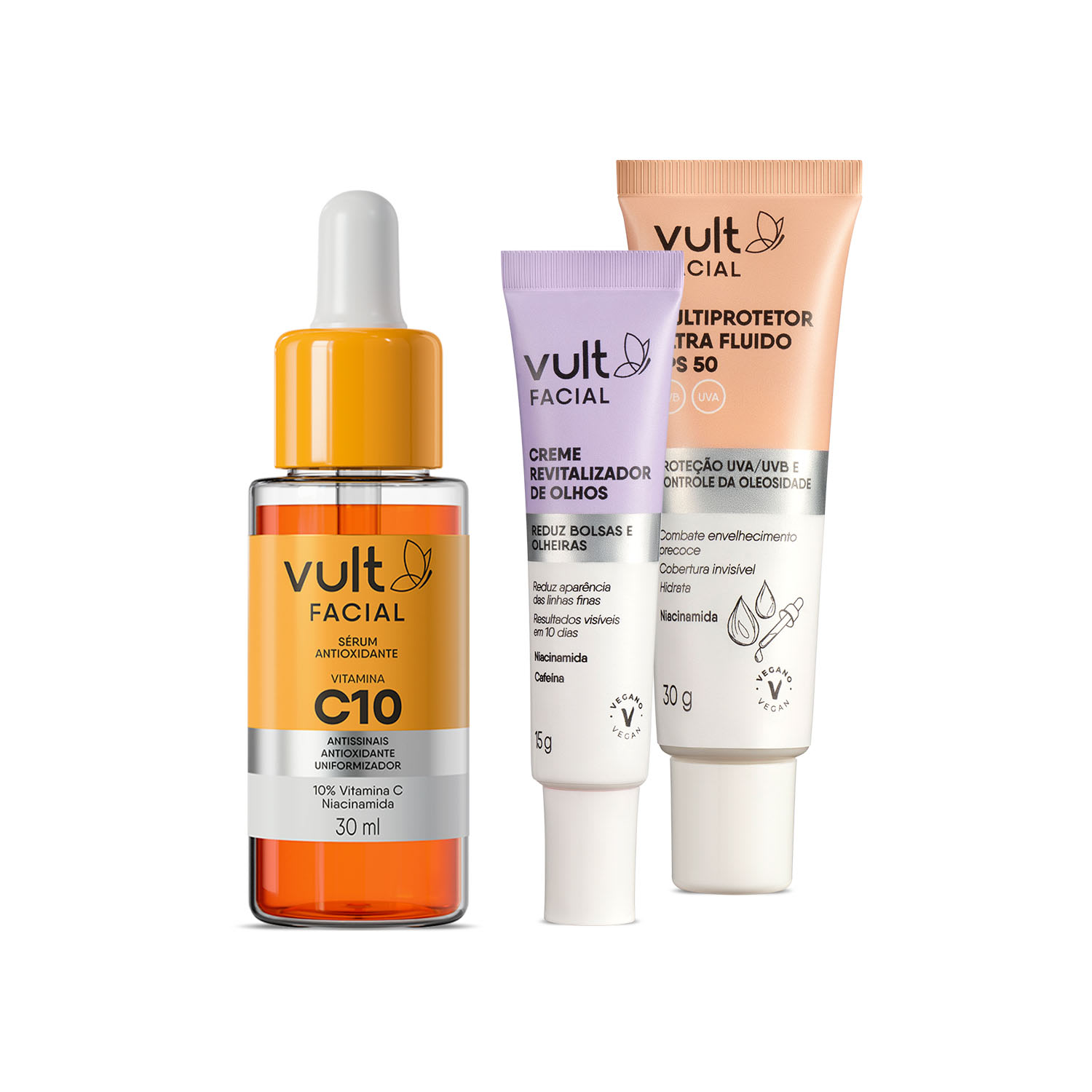 Combo Cuidados Faciais: Sérum Antioxidante 30ml + Multiprotetor Solar 30g + Creme para Área dos Olhos 15g