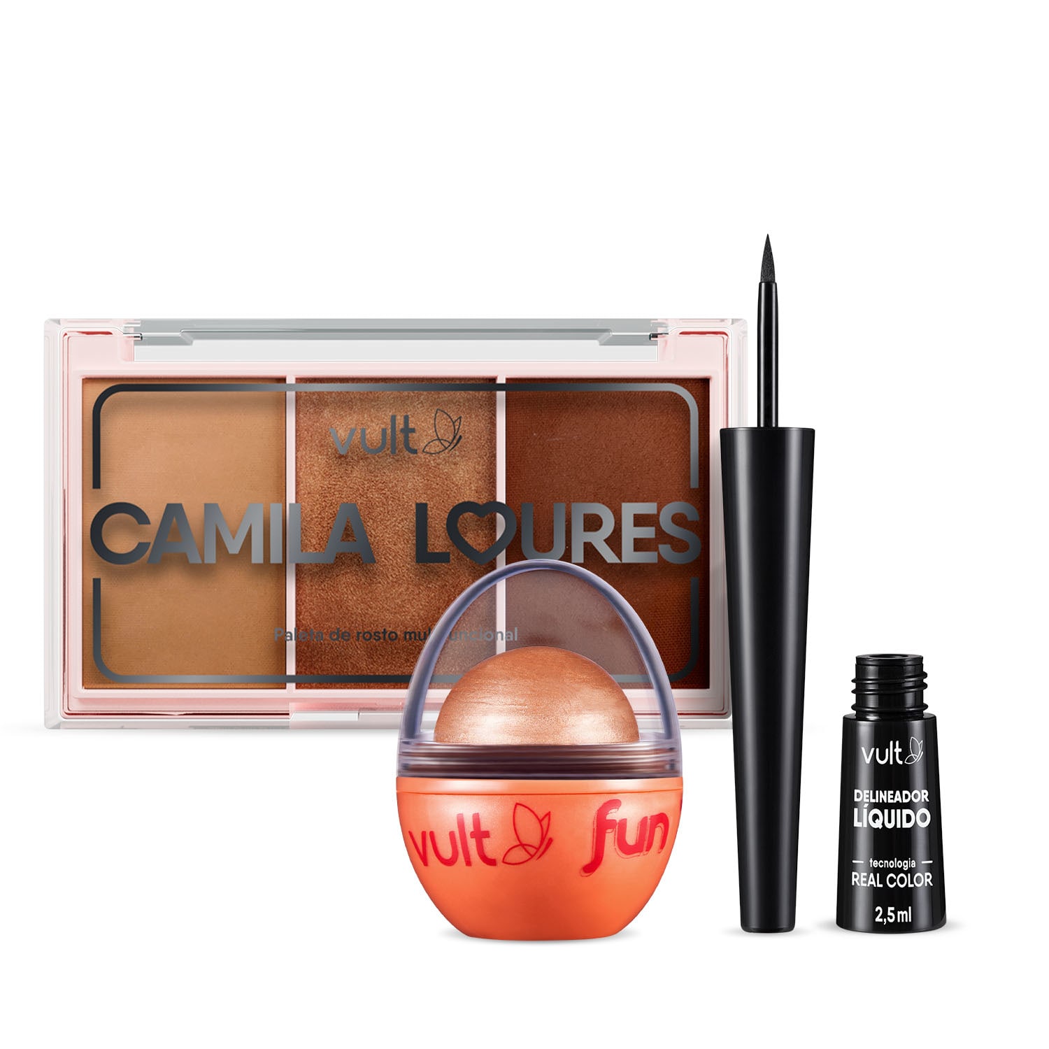 Combo Vult Make: Paleta de Rosto Multifuncional Camila Loures 15,5g + Iluminador 3 em 1 Vult Fun Rosé Iluminada 6,5g + Delineador Líquido Preto 2,5ml