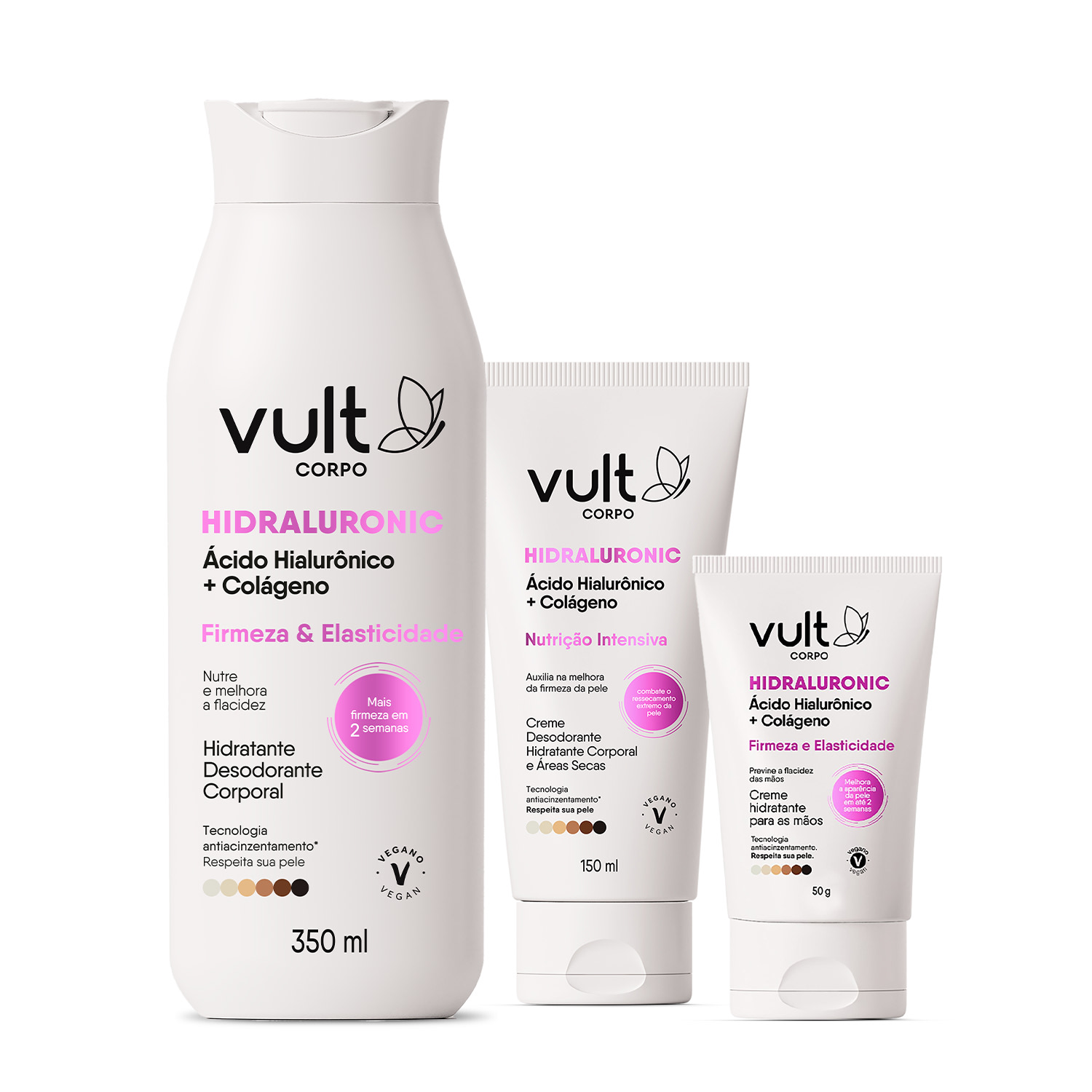 Combo Vult Corpo Hidraluronic: Creme para Mãos Nutrição Intensiva 50g + Creme Corporal Áreas Secas Nutrição Intensiva 150ml + Loção Corporal Firmeza & Elasticidade 350ml