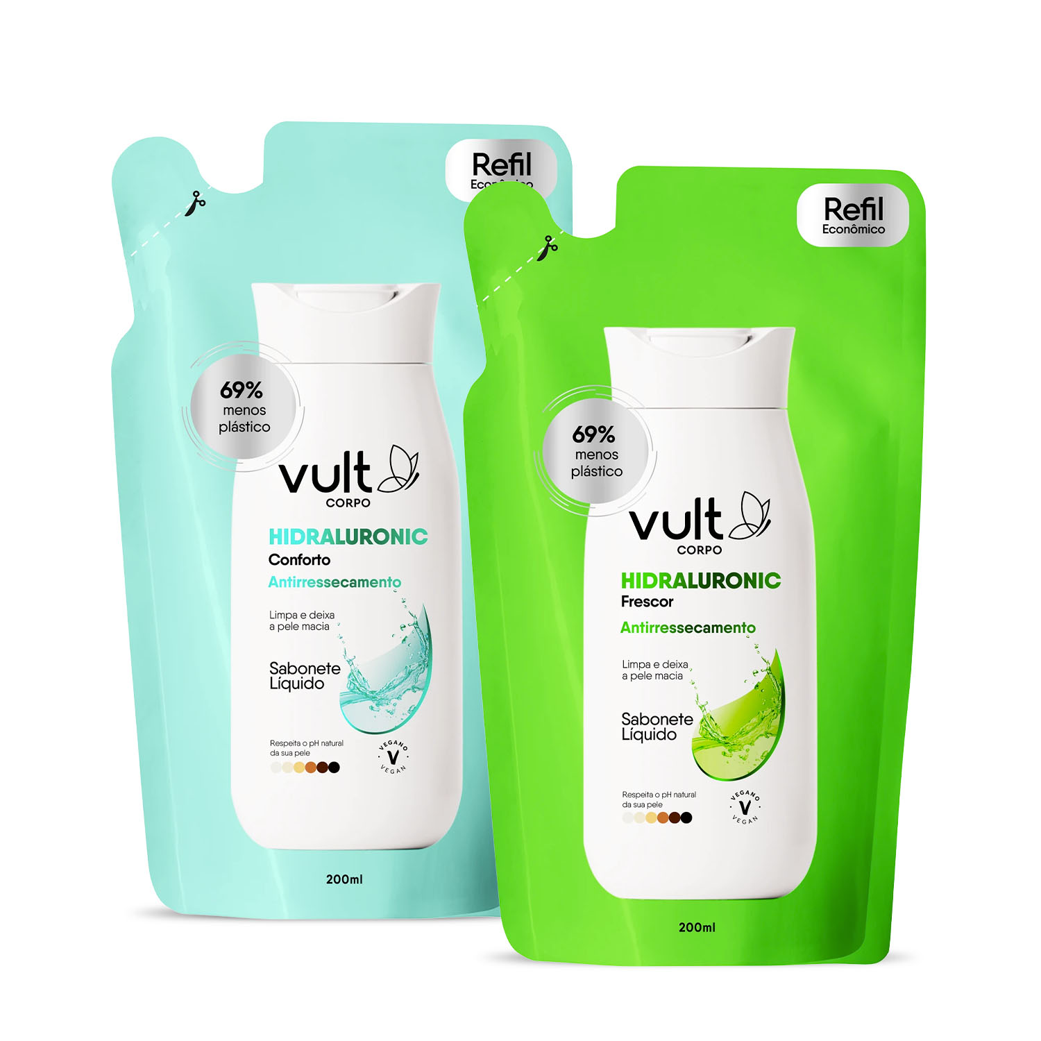 Combo Refil Sabonete Líquido Vult Corpo Hidraluronic: Frescor 200ml + Conforto 200ml