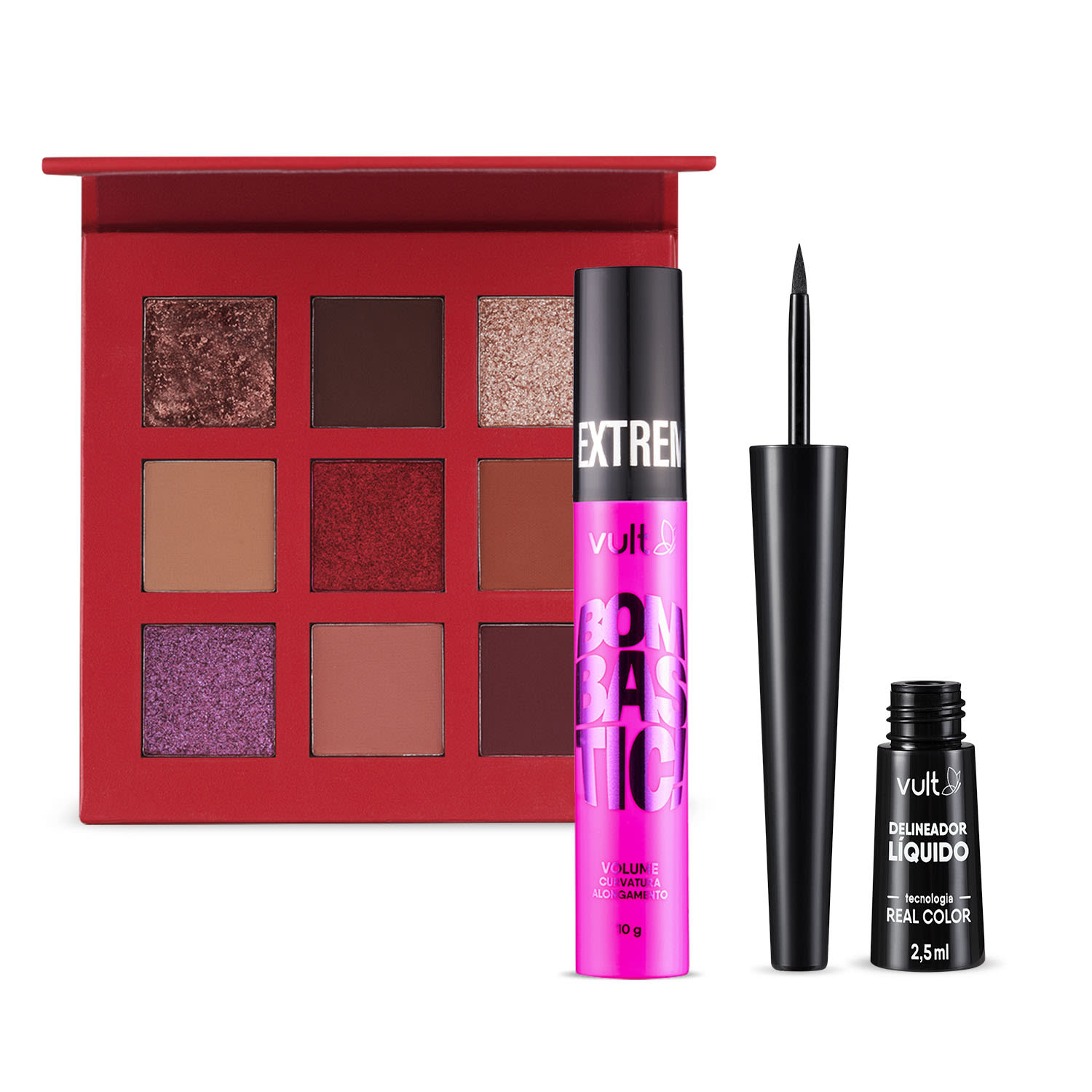 Combo Vult Make: Paleta de Sombras Amour 7,2g + Delineador Líquido Preto 2,5ml + Máscara de Cílios Resistente à Água 10g