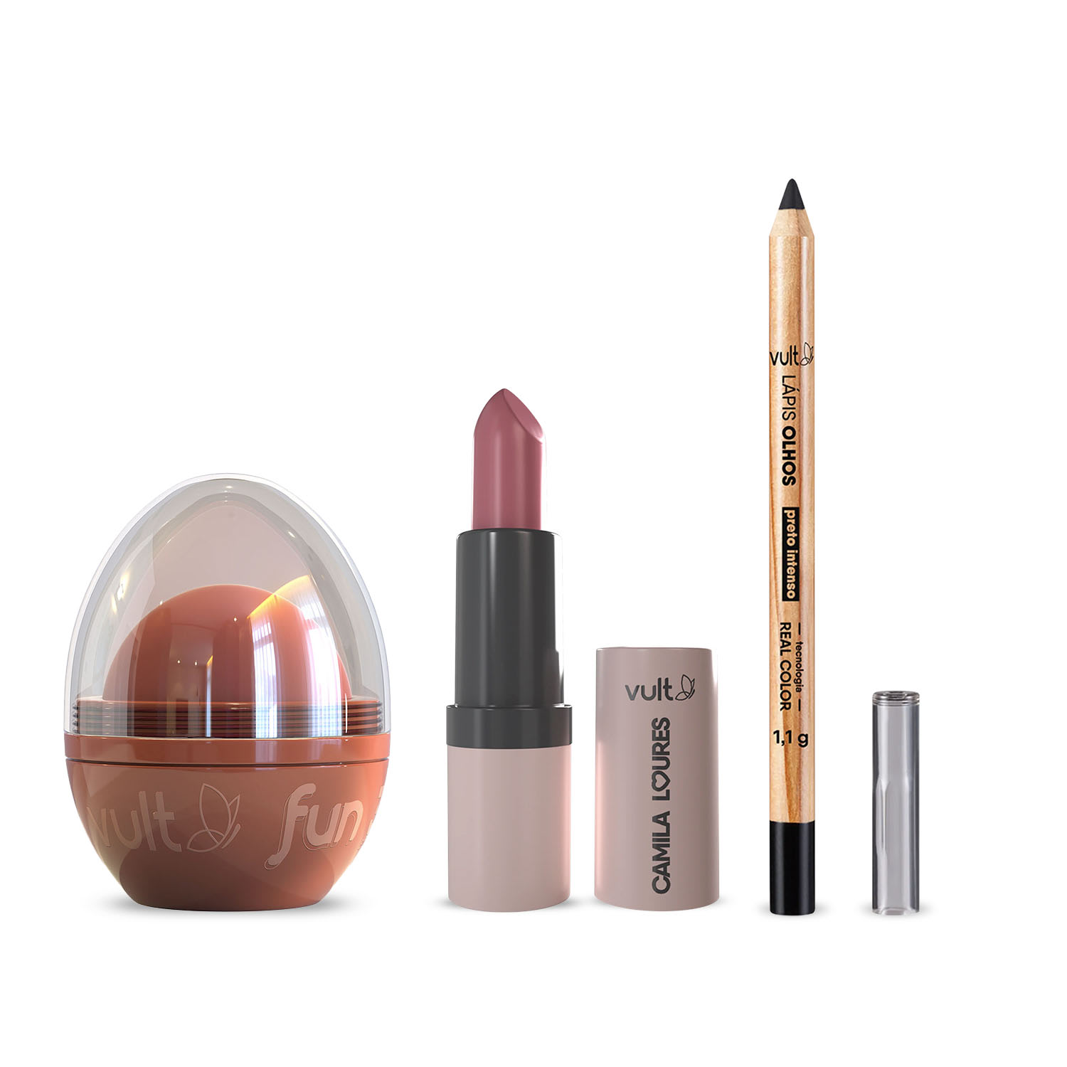 Combo Vult Make: Blush 3 em 1 Bronze Natural 6,5g + Lápis para Olhos Preto 1,1g + Batom Matte Velvet Rosê Orlando 3,8g