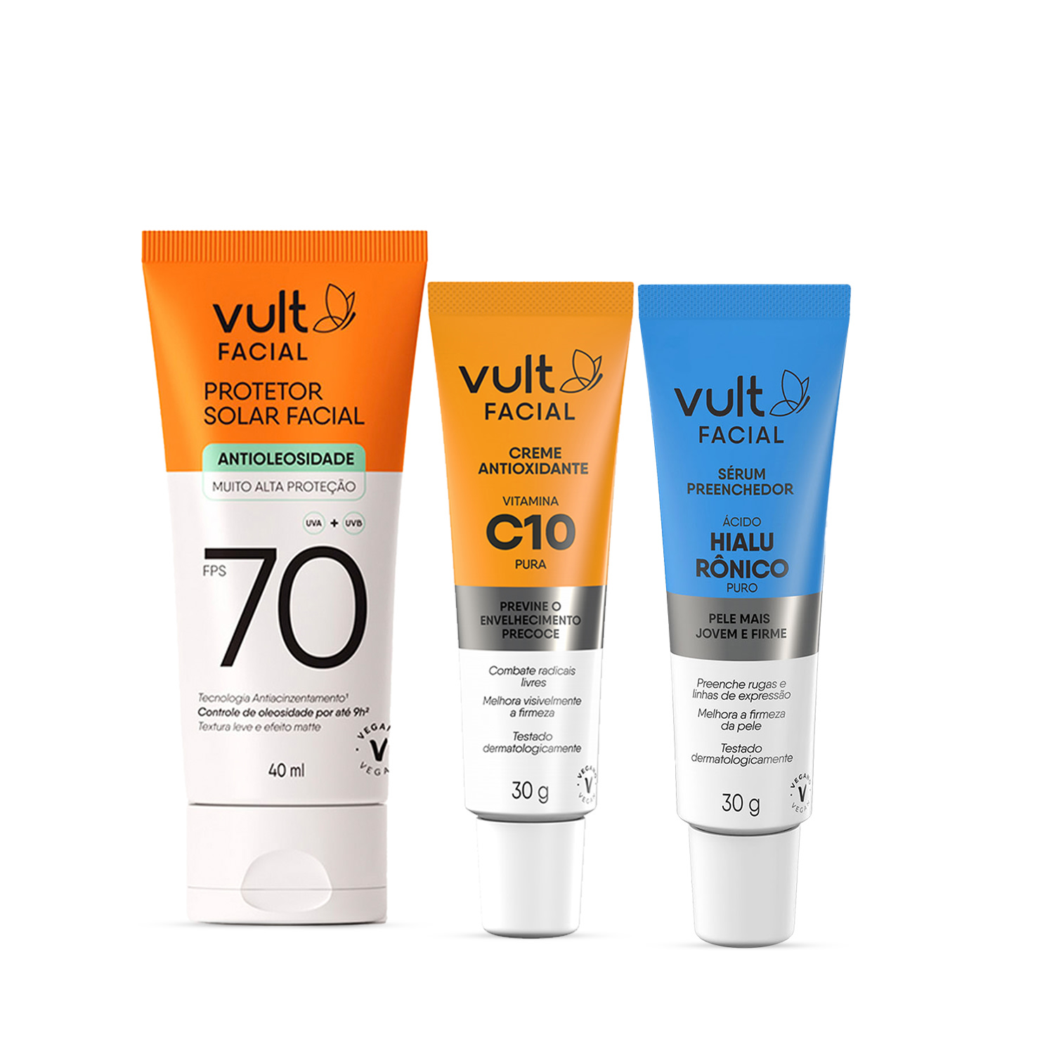 Combo Vult Facial: Protetor Solar FPS 70 40ml + Creme Antioxidante Vitamina C 10% 30g + Sérum Facial Ácido Hialurônico Puro 30g