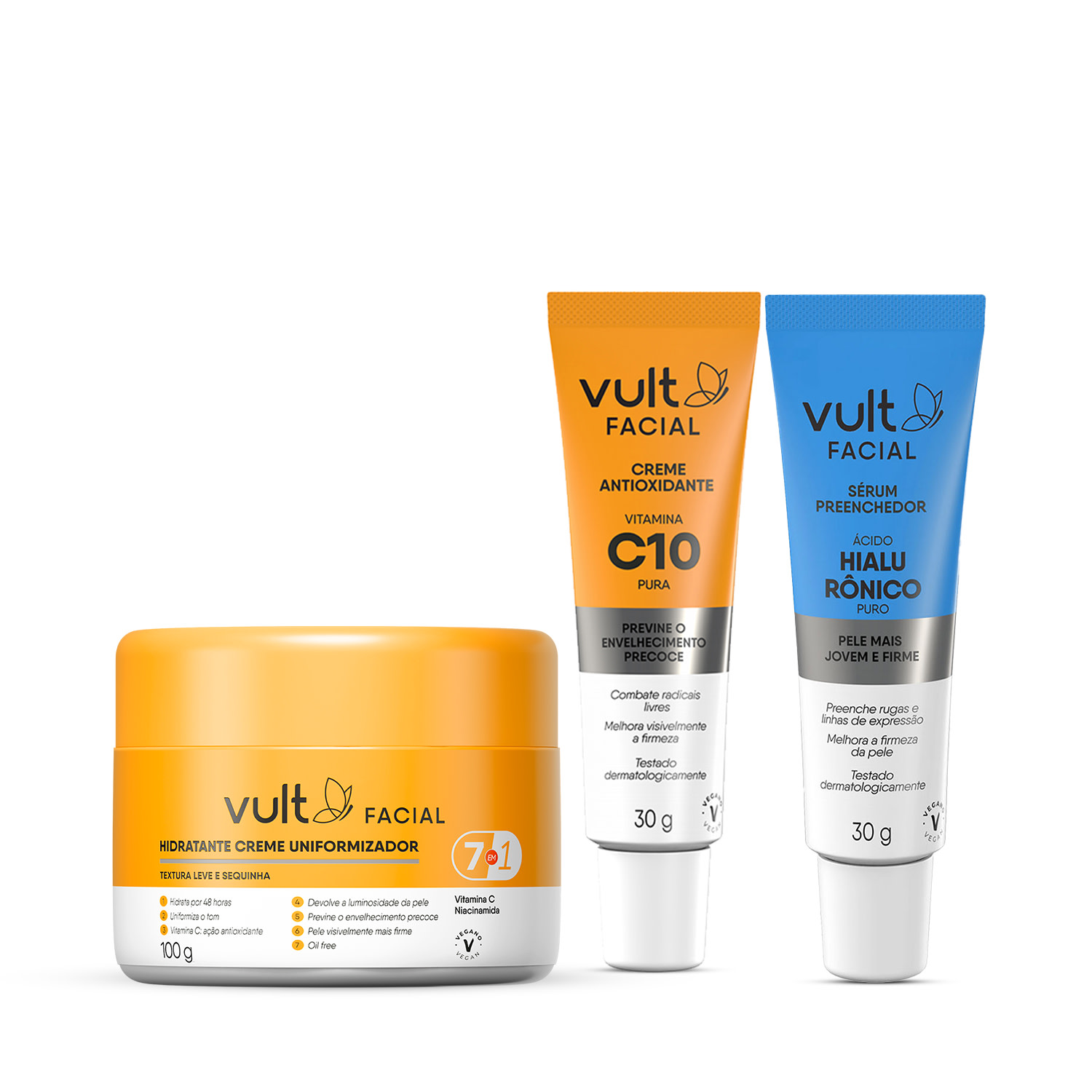 Combo Vult: Hidratante Uniformizador 100g + Creme Antioxidante 30g + Sérum Facial Ácido Hialurônico Puro 30g
