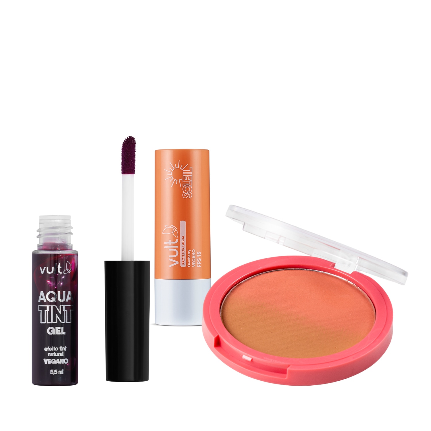 Combo Vult: Balm Labial Cranberry Soleil FPS 15 3,6g + Pó Duo Bronzer Soleil Sunset 6g + Batom Aquatint Gel Violet 5,5ml