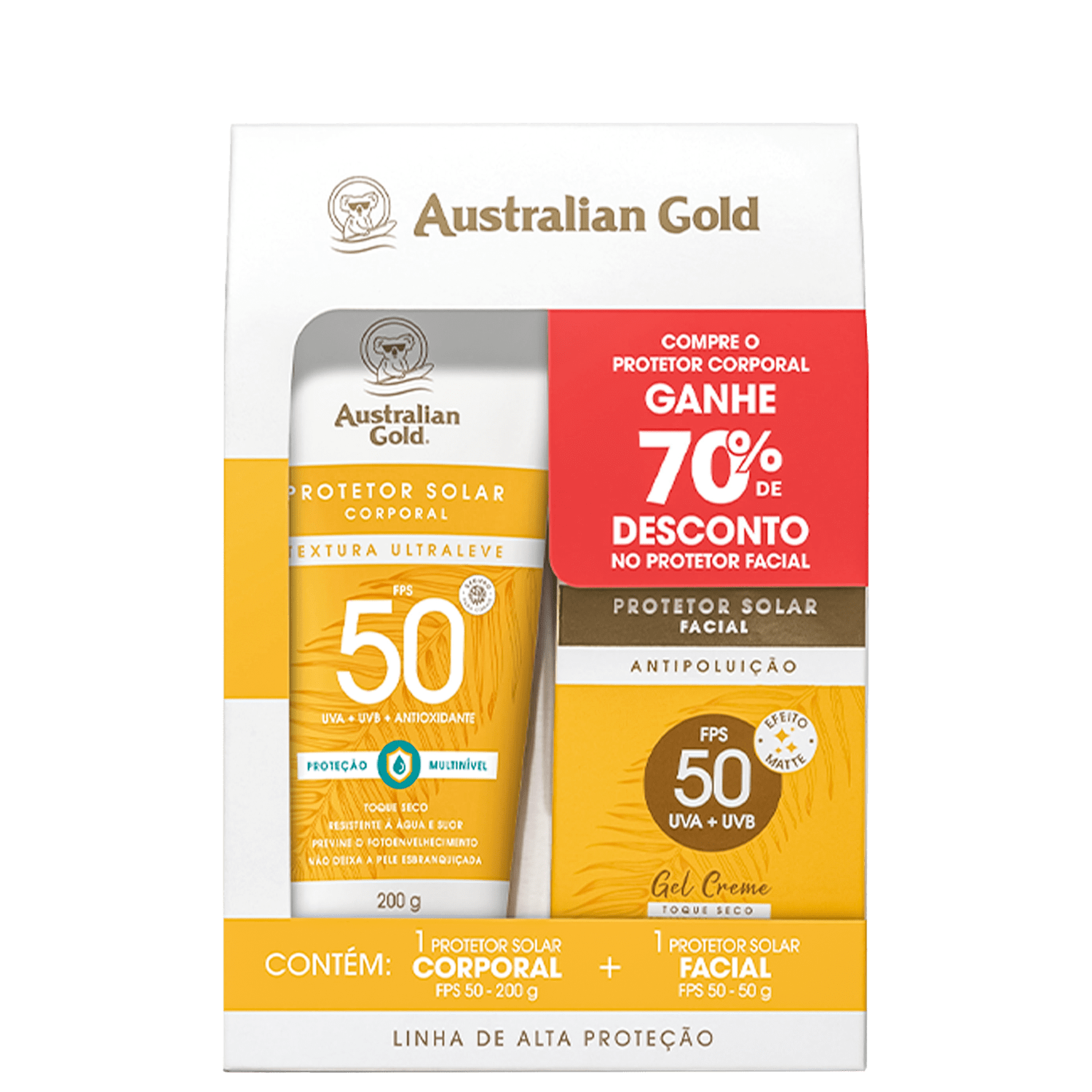 Kit Australian Gold Alta Proteção FPS 50 Corporal e Facial (2 Produtos)