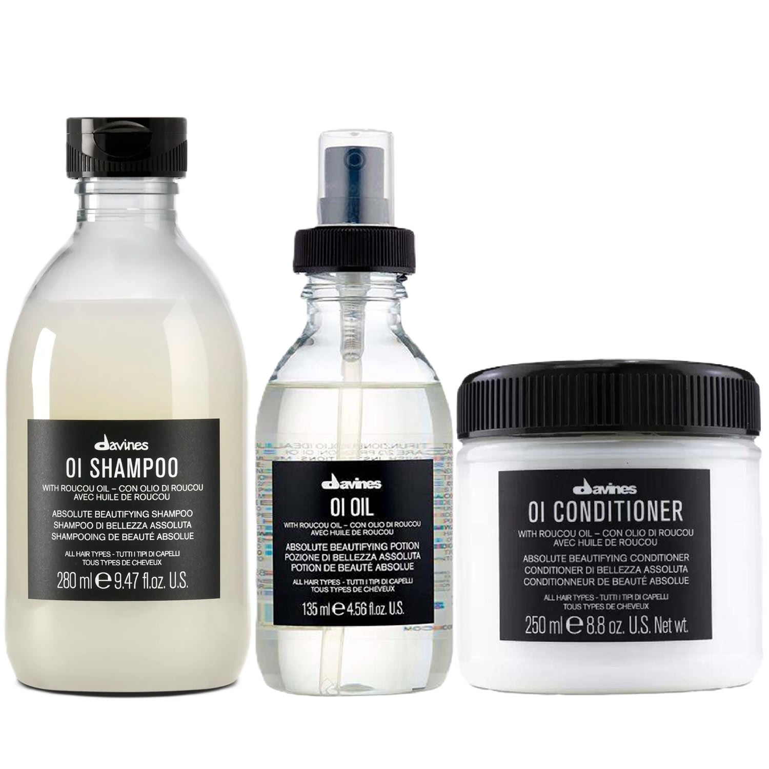 Kit Davines OI Shampoo 280ml + Condicionador 250ml + Óleo 135ml
