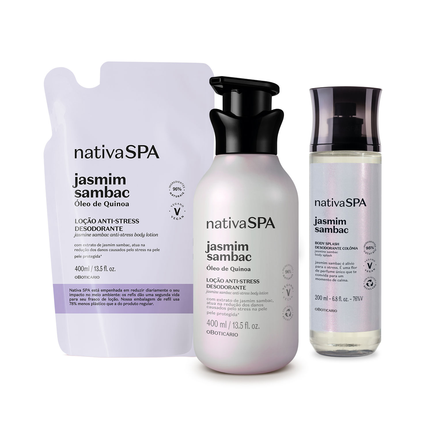 Combo Nativa SPA Jasmim Sambac: Body Splash 200ml + Loção Corporal 400ml + Refil 400ml > Combo Nativa SPA Jasmim Sambac: Body Splash 200ml + Loção Corporal 400ml + Refil 400ml