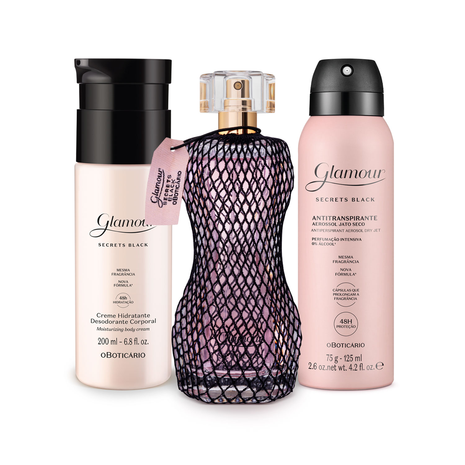 Combo Glamour Secrets Black: Desodorante Colônia 75ml + Desodorante Antitranspirante Aerossol 75g + Creme Desodorante Hidratante Corporal 200ml > Combo Glamour Secrets Black: Desodorante Colônia 75ml + Desodorante Antitranspirante Aerossol 75g + Creme Des
