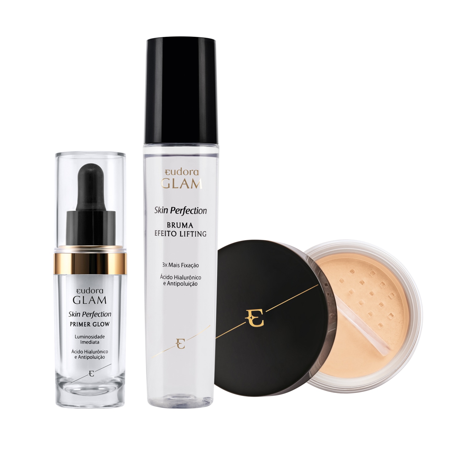 Kit Skin Perfection Pele Branca Pó Solto + Primer Glow + Bruma Fixadora